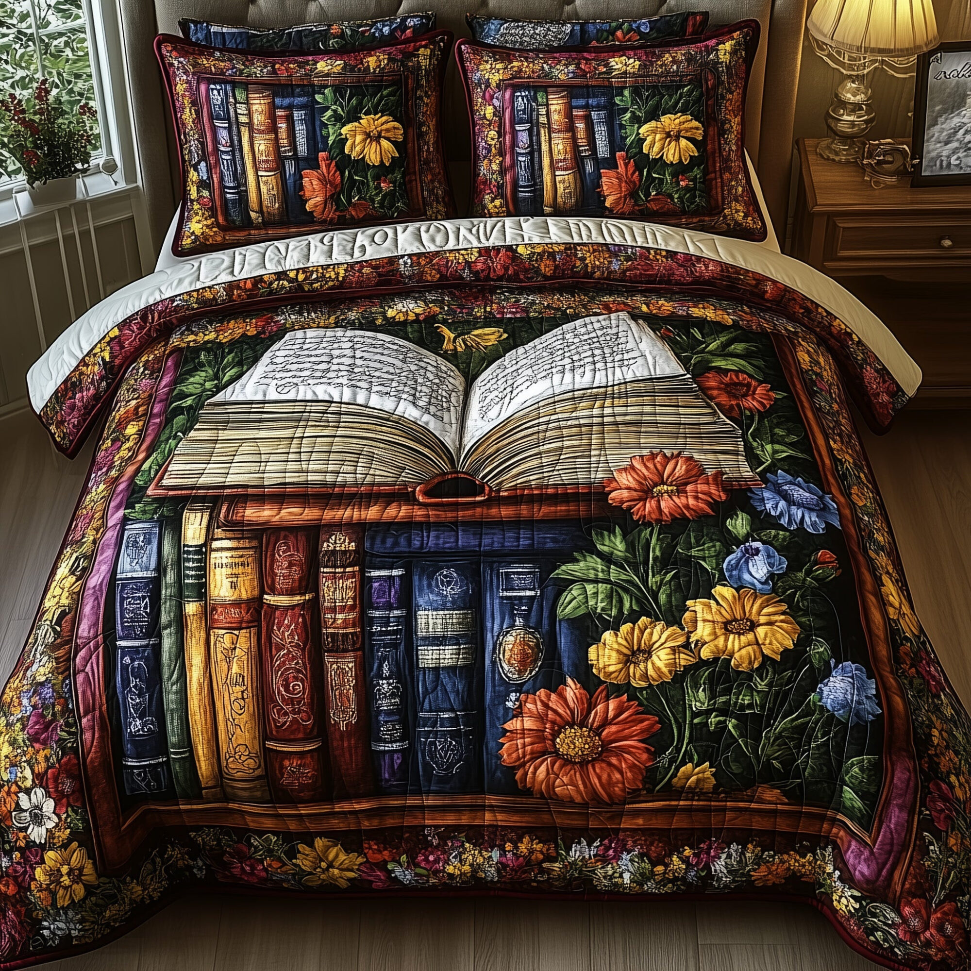 Vintage Library Quilted Bedding Set Rustic Bookshelf Decor Peaceful Bookish Themed Gifts