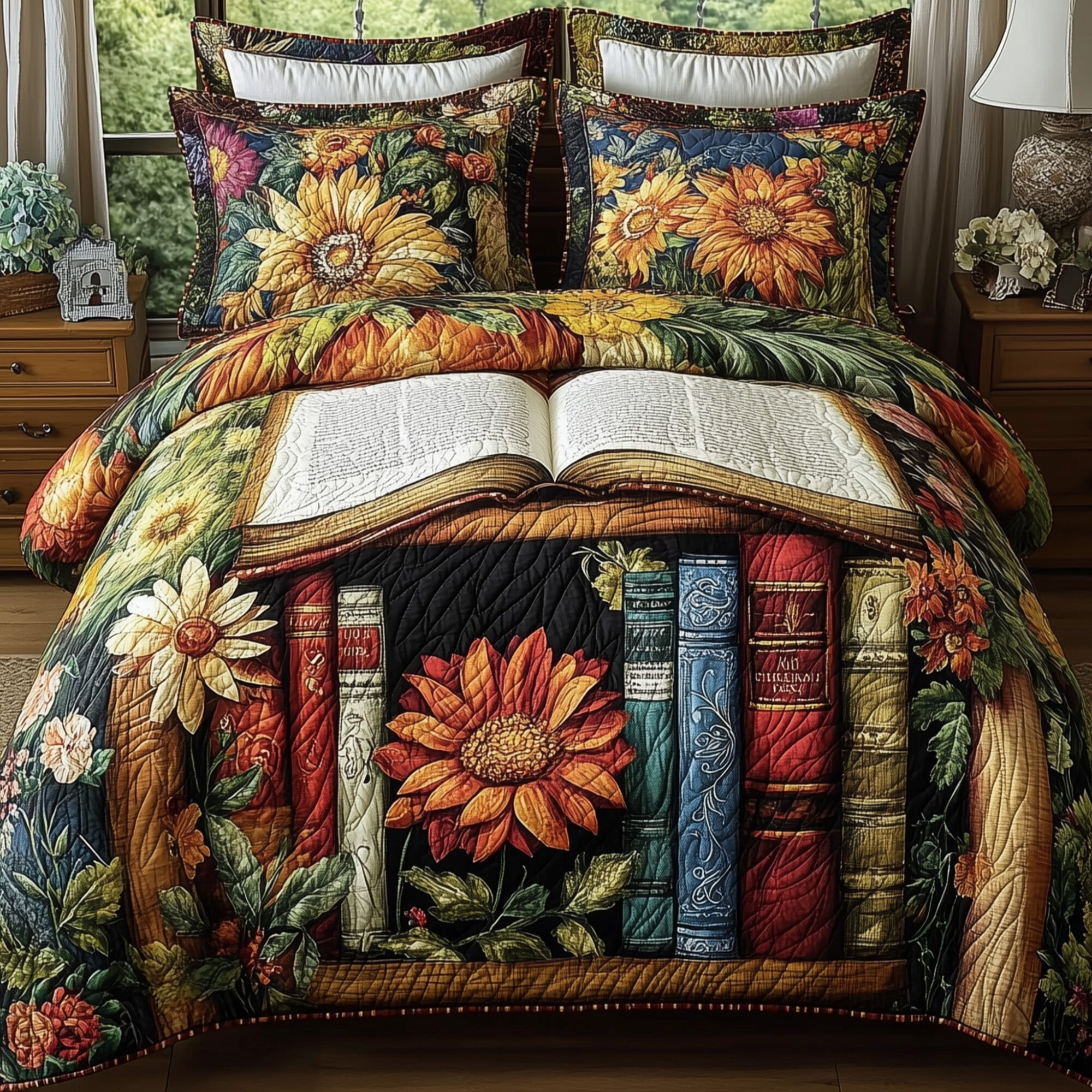 Vintage Library Quilted Bedding Set Rustic Library Scene Peaceful Bookish Themed Gifts