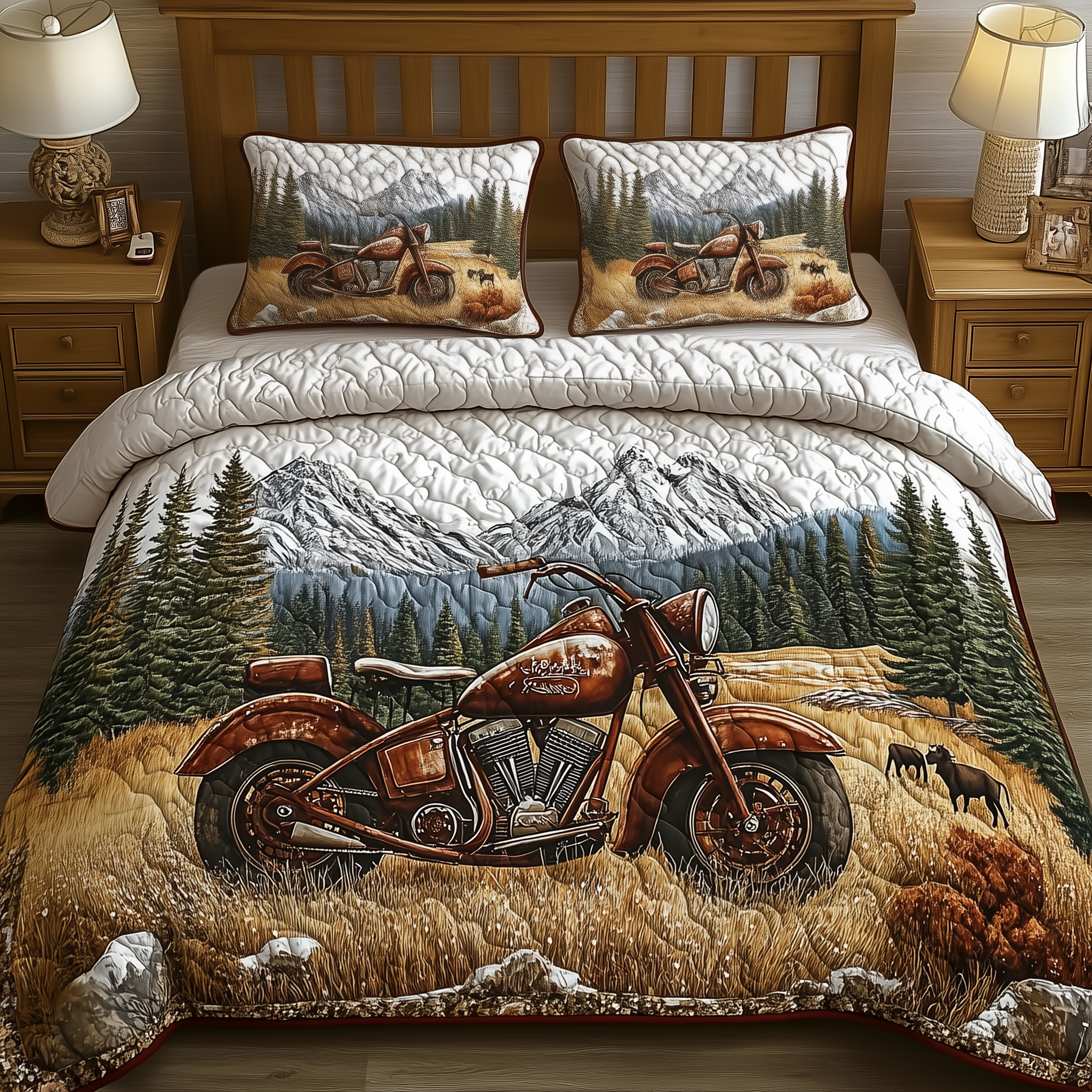 Vintage Old Motorcycle Quilted Bedding Set Bedroom Room Decor Last Minute Father'sDay Gifts