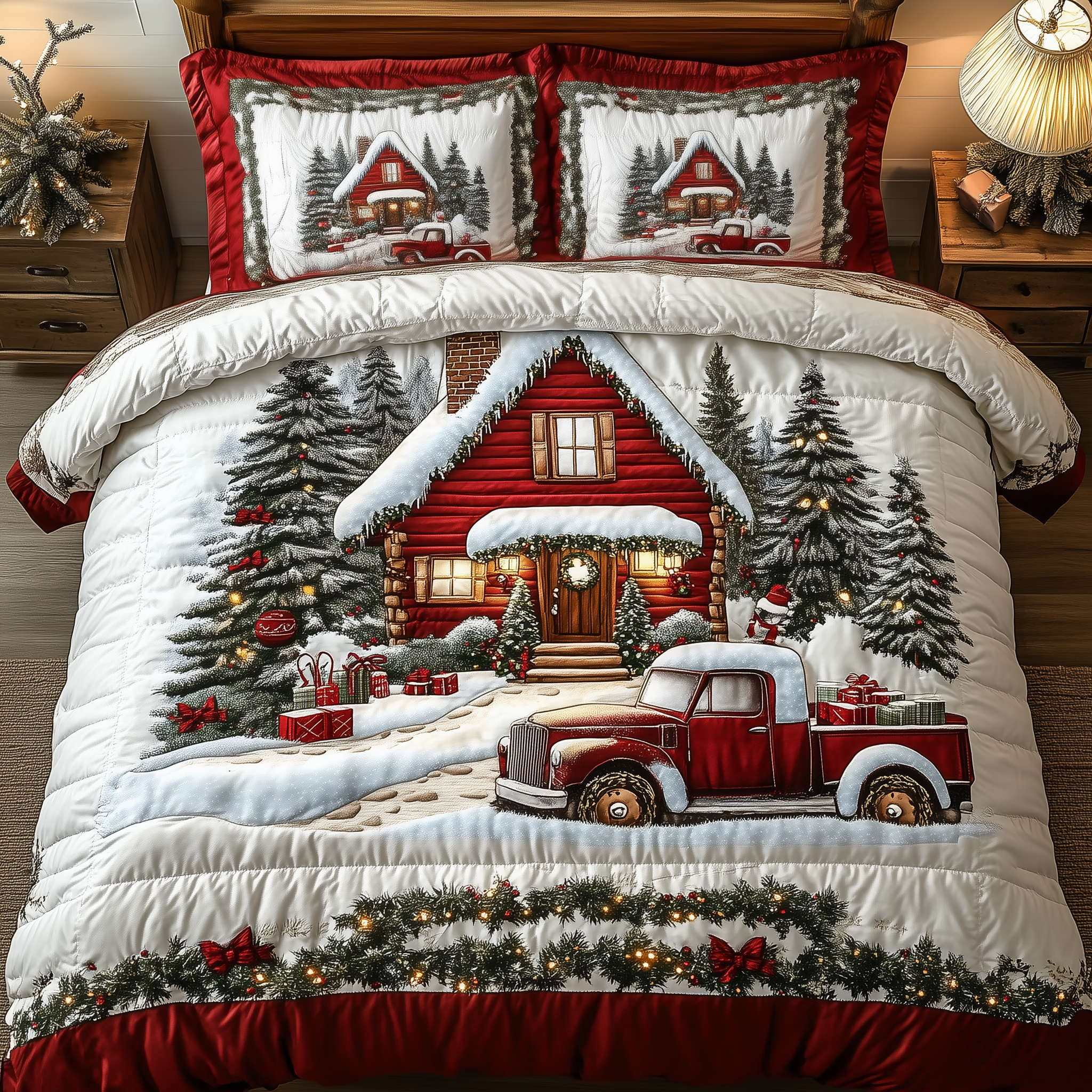Vintage Red Truck And Cabin Quilted Bedding Set Xmas Bedroom Decor Christmas Ideas For Wife