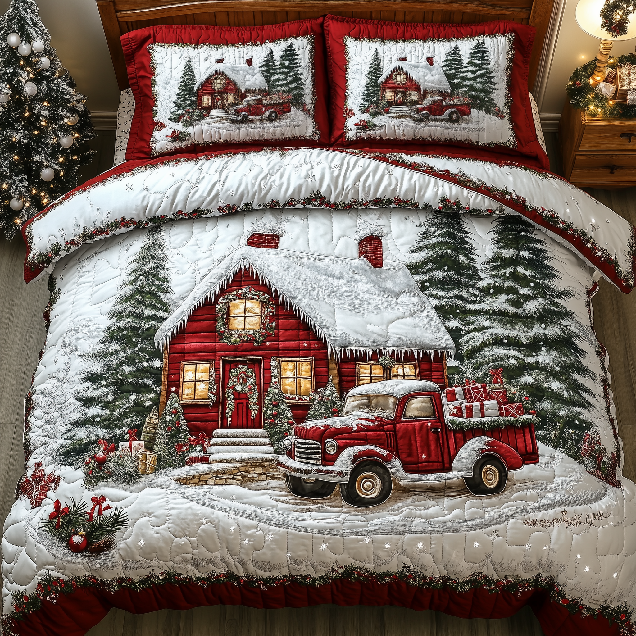 Vintage Red Truck And Cabin Quilted Bedding Set Xmas Bedspreads Best Christmas Gift Ideas