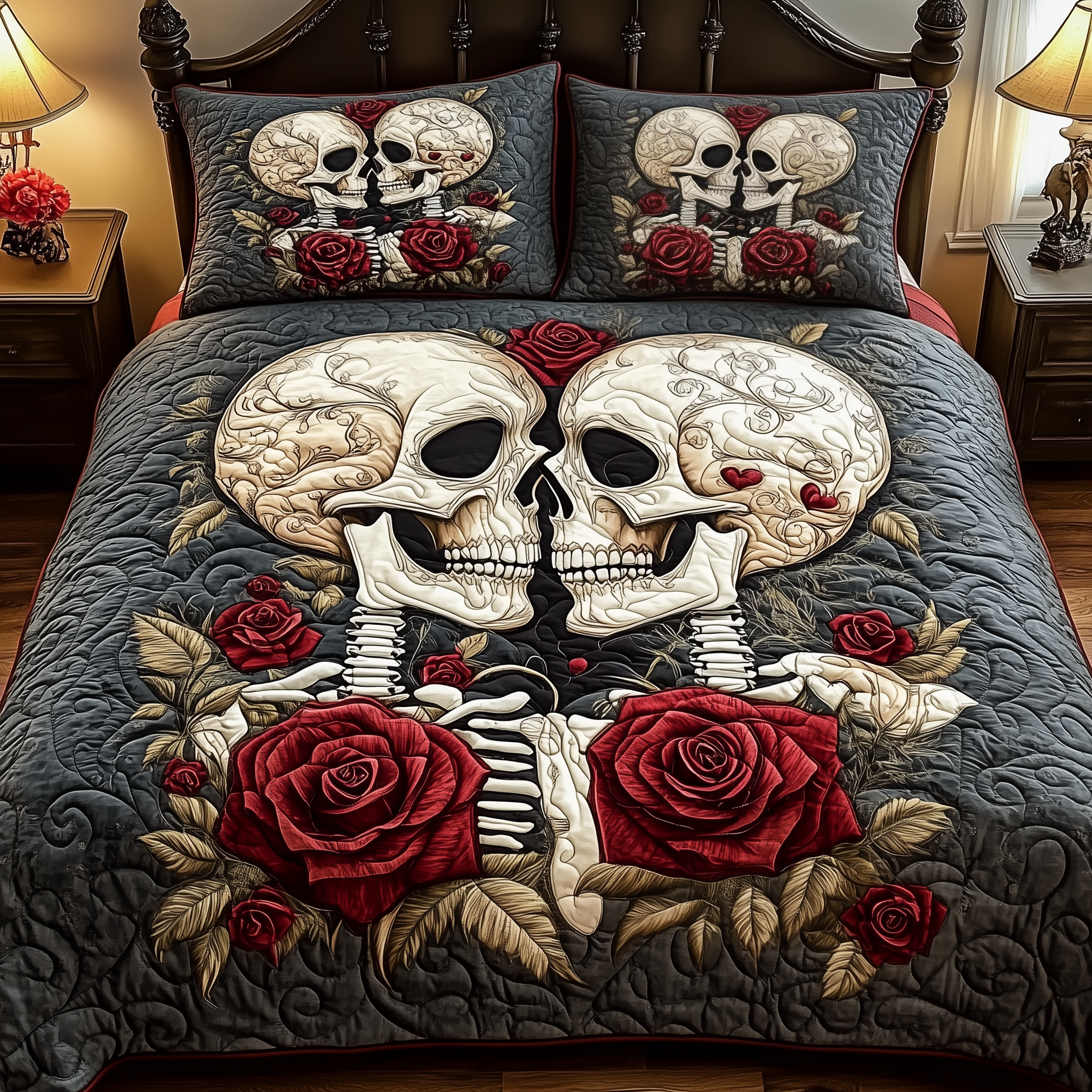 Vintage Skull Couple Quilted Bedding Set Bedroom Room Decor Skull Stuff For Guys