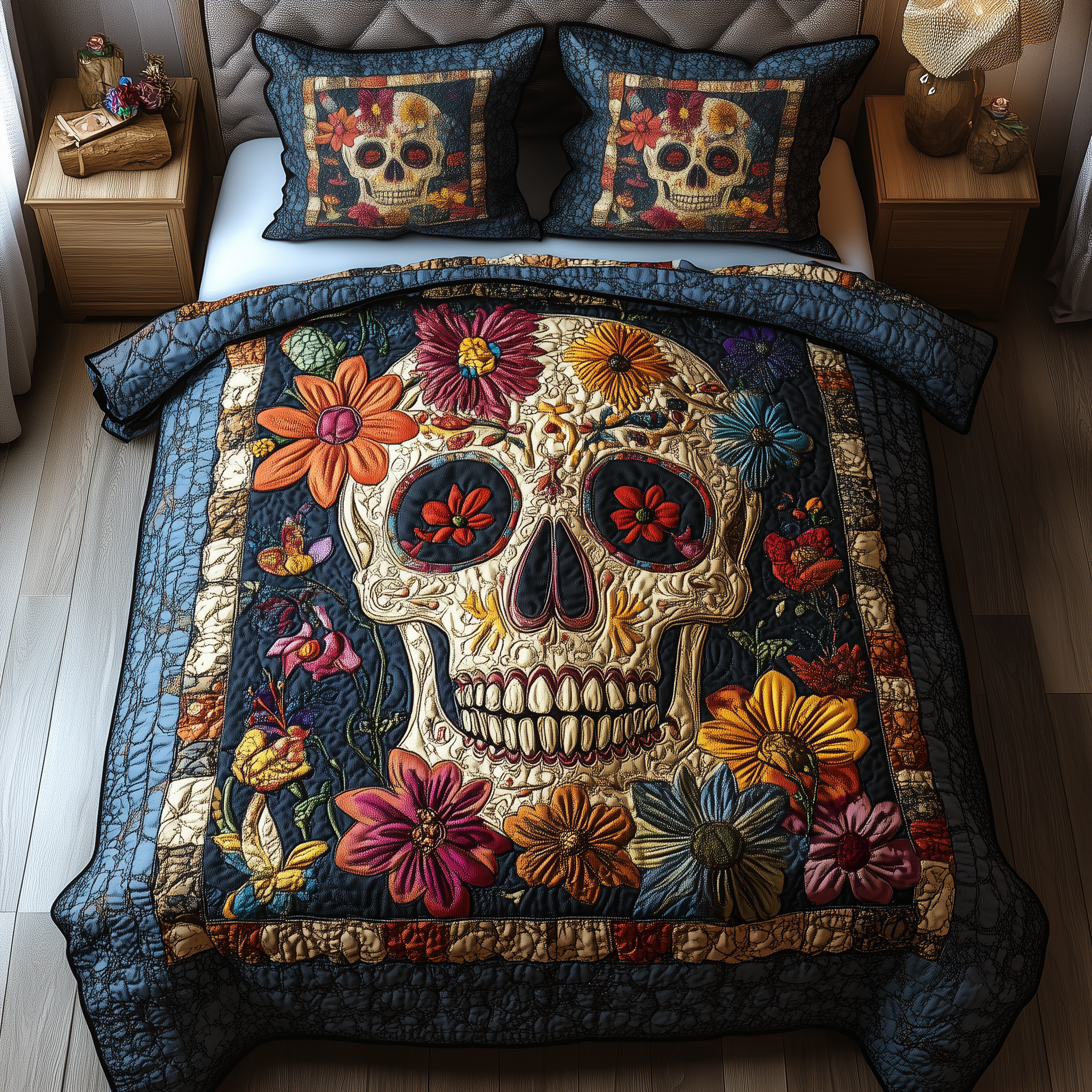 Vintage Skull Quilted Bedding Set Over The Bed Decor Skull Inspired Gifts