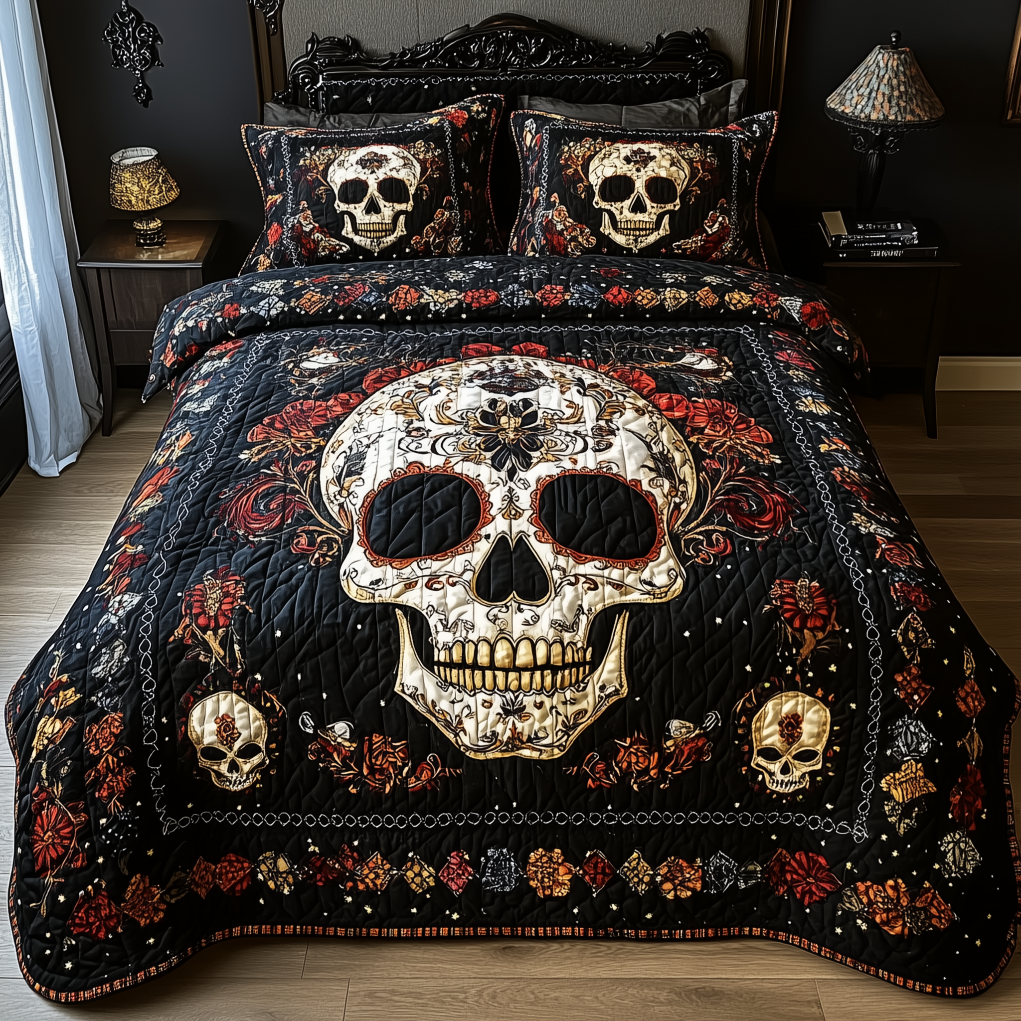 Vintage Skull Quilted Bedding Set Unique Bed Sheet Set Skull Gifts For Men