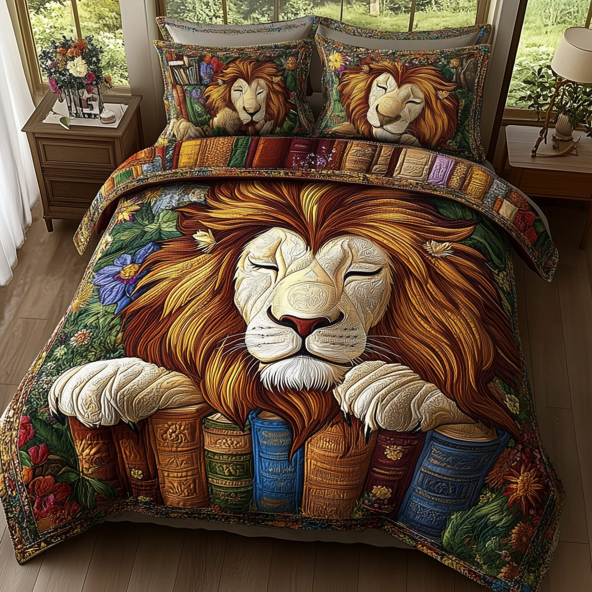 Vintage Sleeping Lion Quilted Bedding Set Classic Lion Decor Best Wildlife Design Gifts