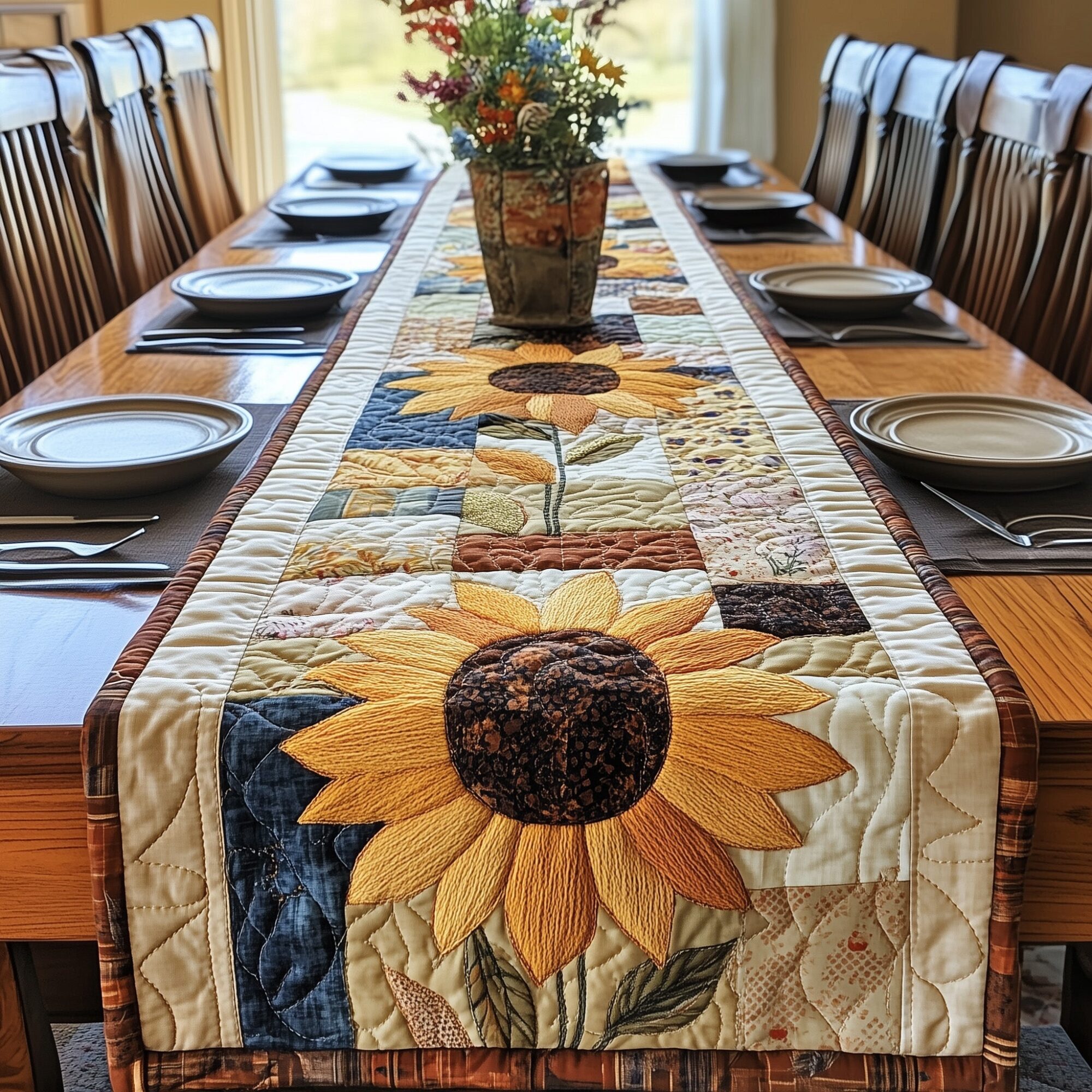 Vintage Sunflower Quilted Table Runner Dining Decor Good Mothers Day Gift Ideas