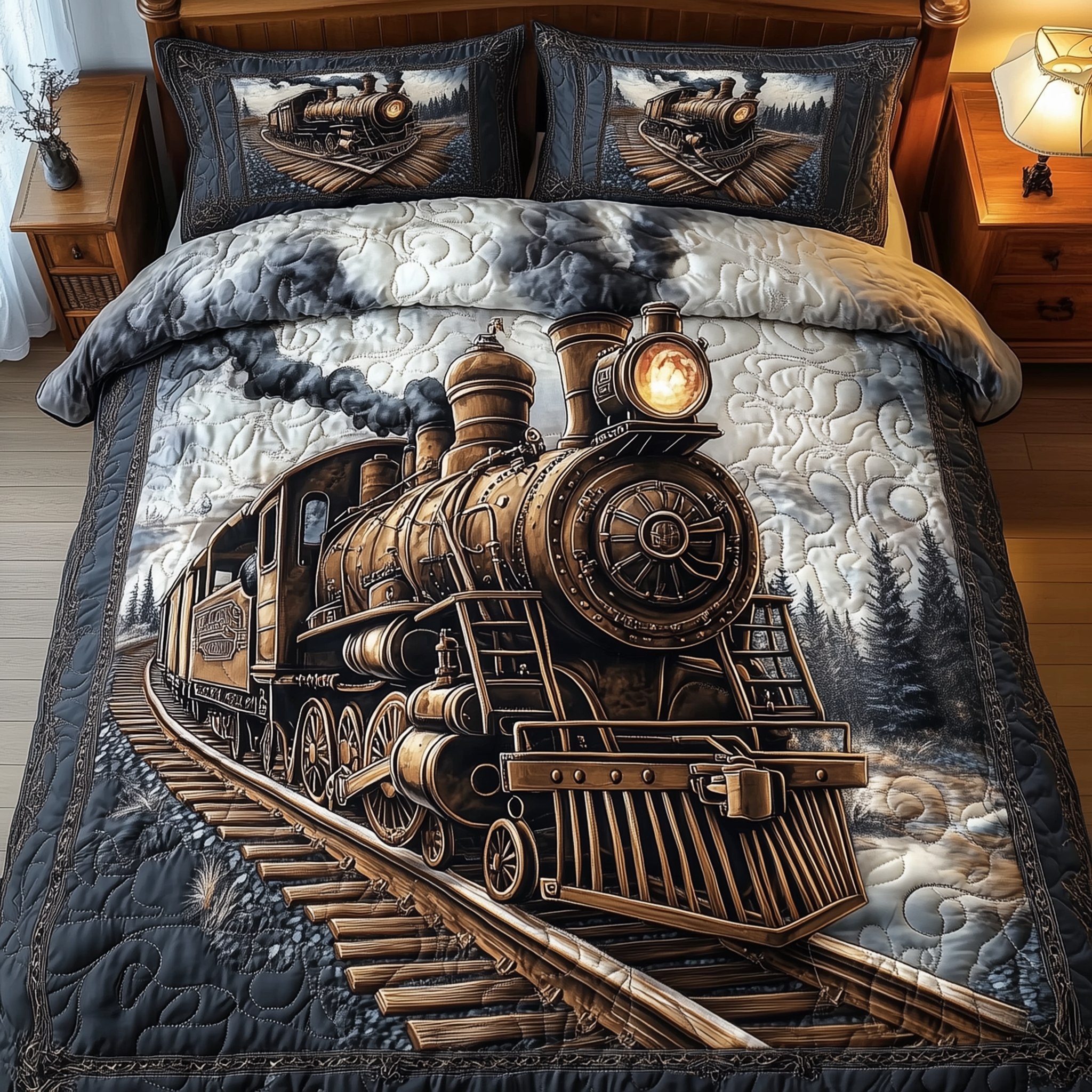 Vintage Train Quilted Bedding Set Holiday Bedding Sets Gifts For Train Lovers