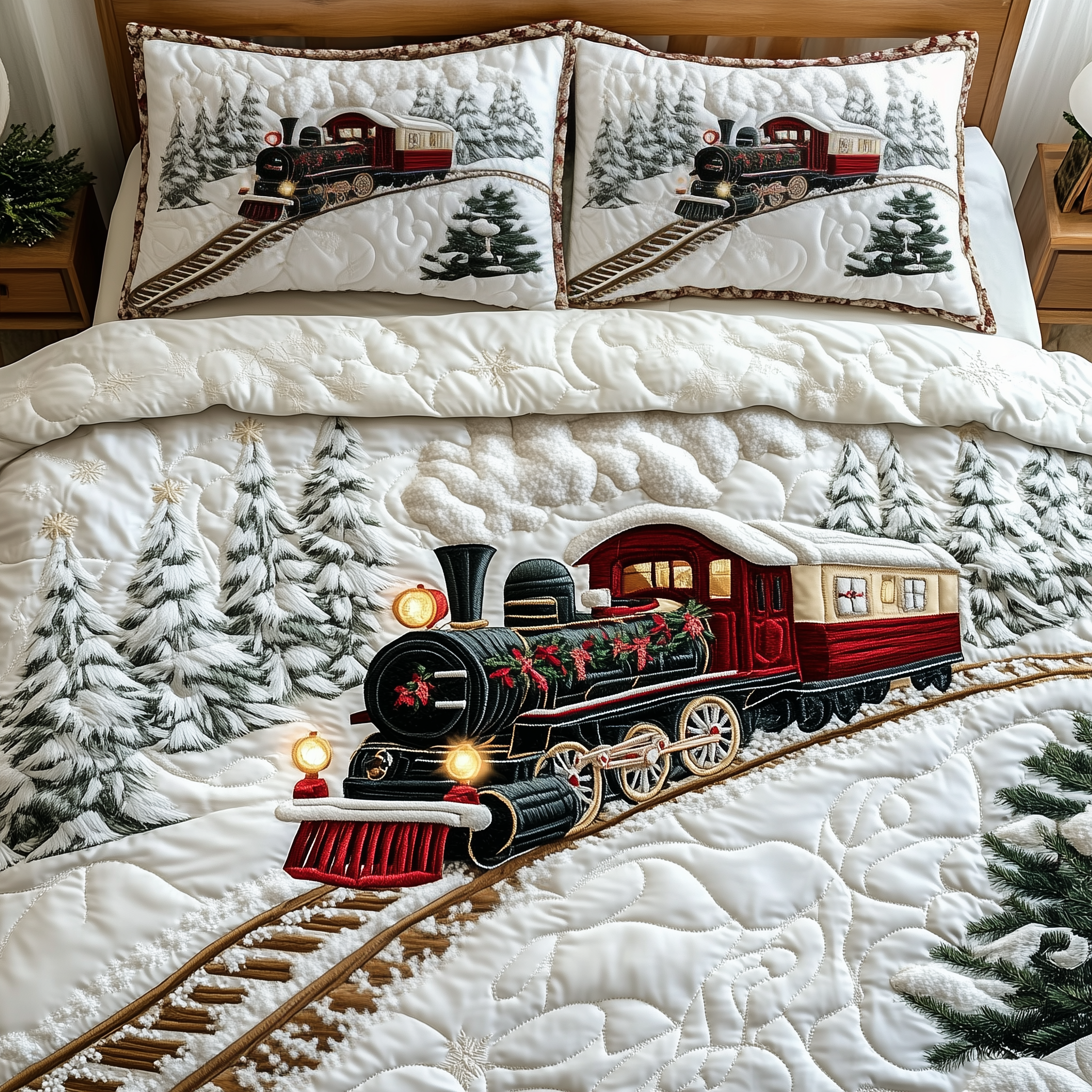 Vintage Train to Snowy Wonderland Quilted Bedding Set Room Christmas Decor Ideas Train Gifts For Dad