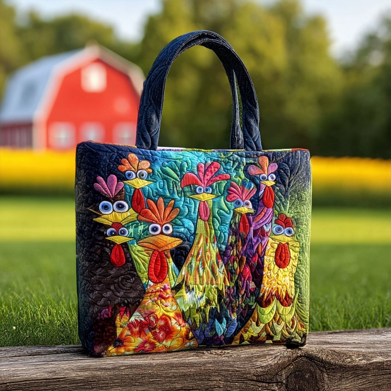 Whimsical Chickens Quilted Tote Bag Patchwork Tote Bag Chicken Lover Presents