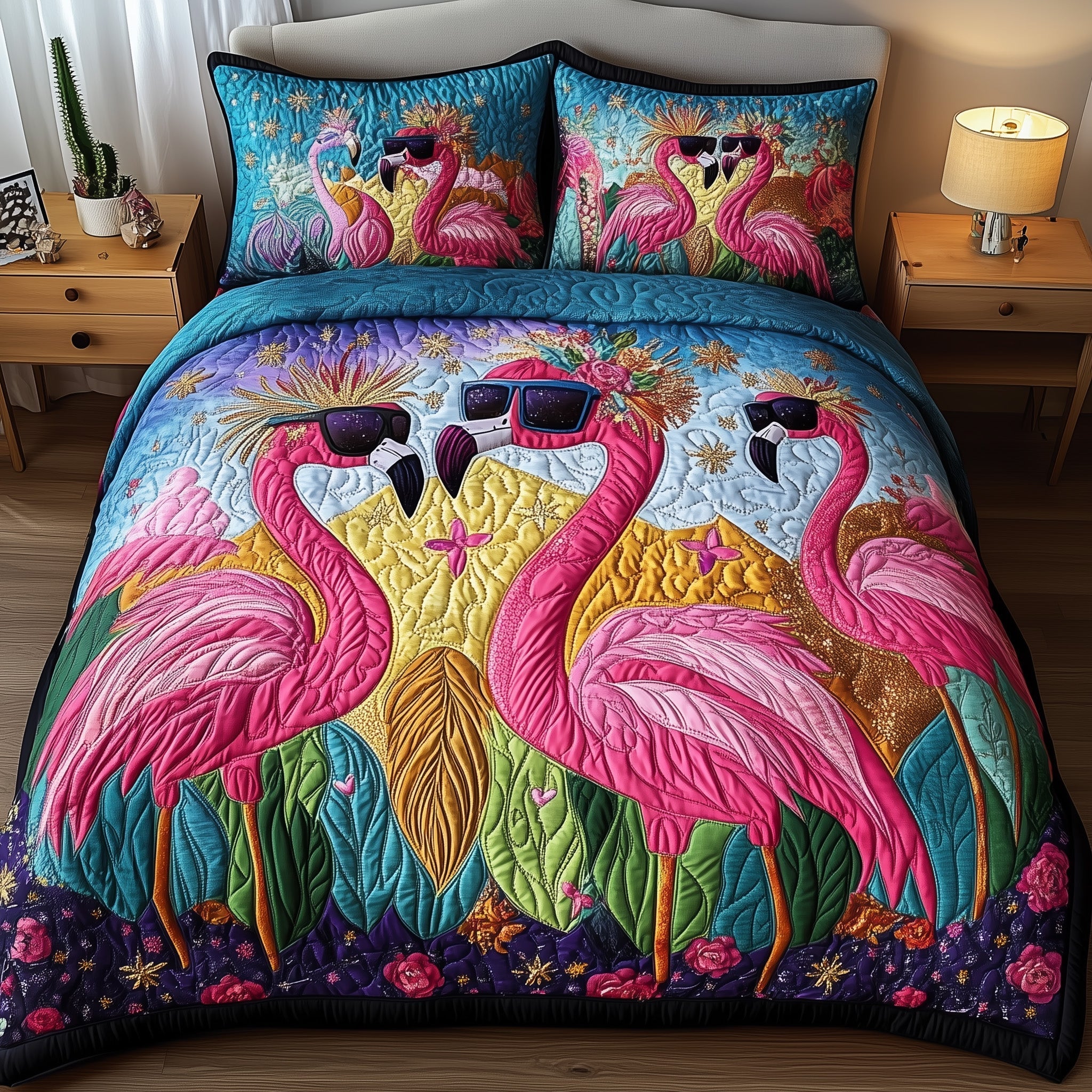 Whimsical Flamingo Quilted Bedding Set Bedroom Room Decor Flamingo Teacher Gift