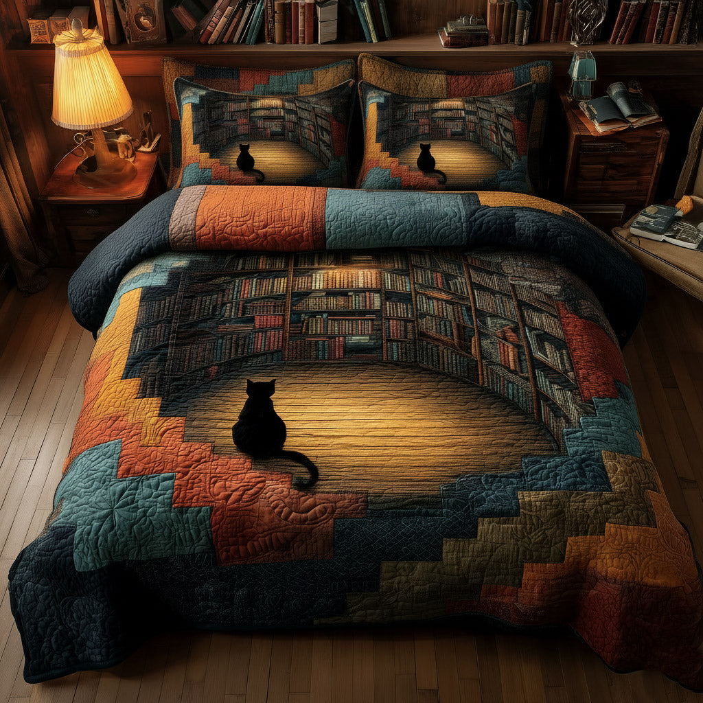 Whiskered Library Quilted Bedding Set Bed Decor Novelty Book Themed Gifts