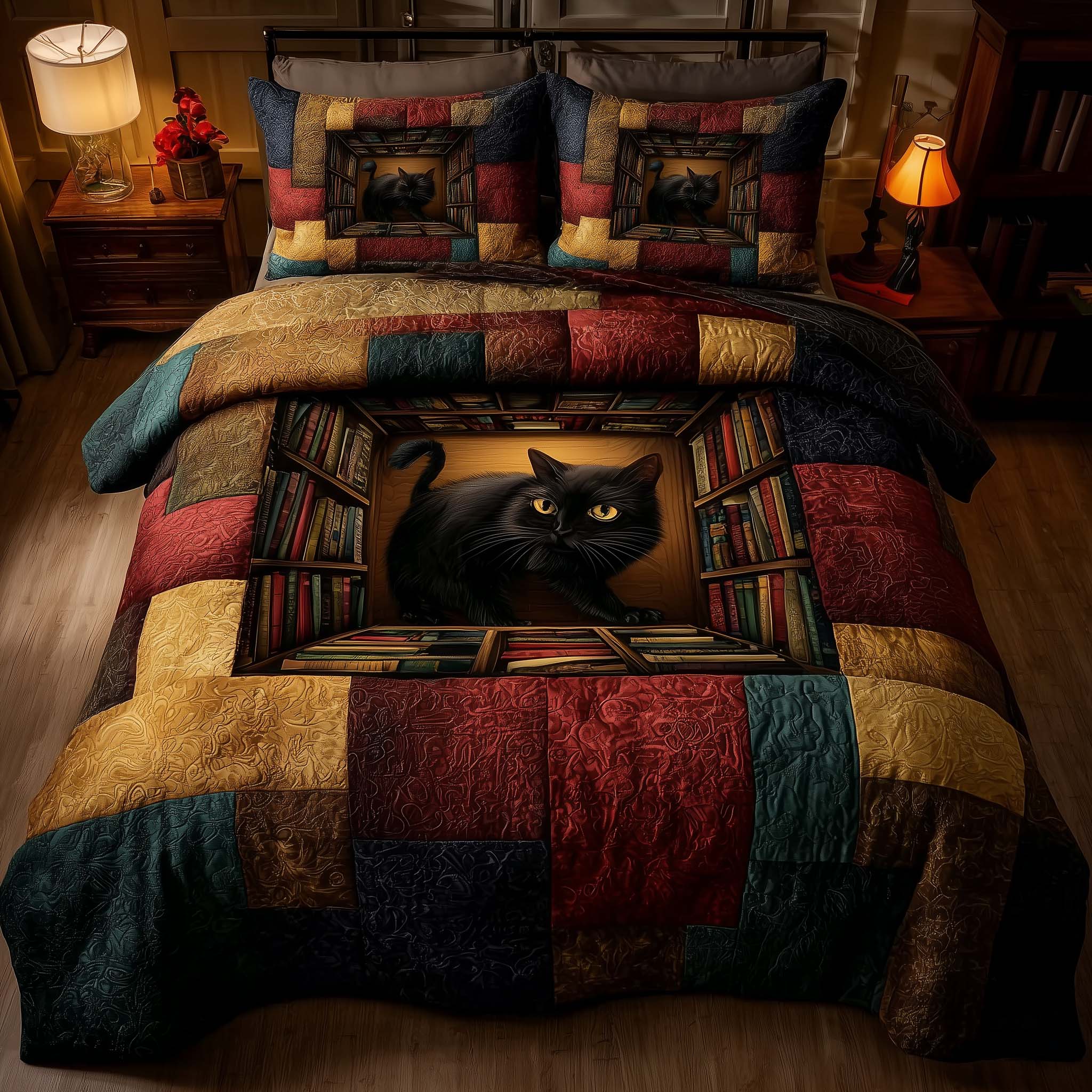 Whiskered Library Quilted Bedding Set Bed Room Decoration Great Book Lover Presents