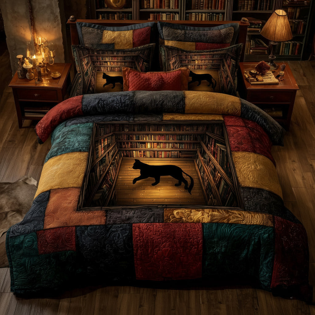 Whiskered Library Quilted Bedding Set Bedroom Decor Gifts For Book Worm