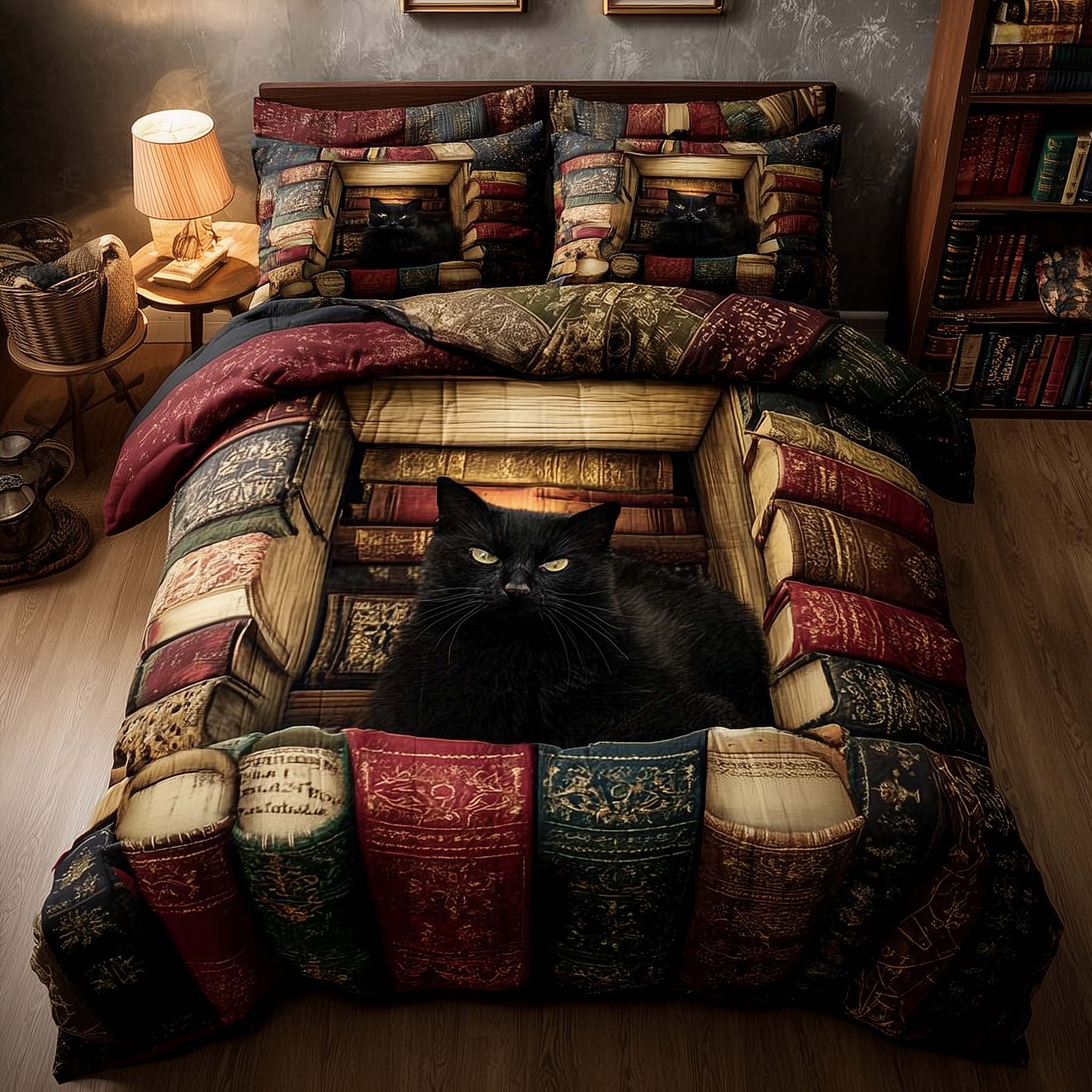 Whiskered Library Quilted Bedding Set Bedroom Decor Ideas Book Presents For Him