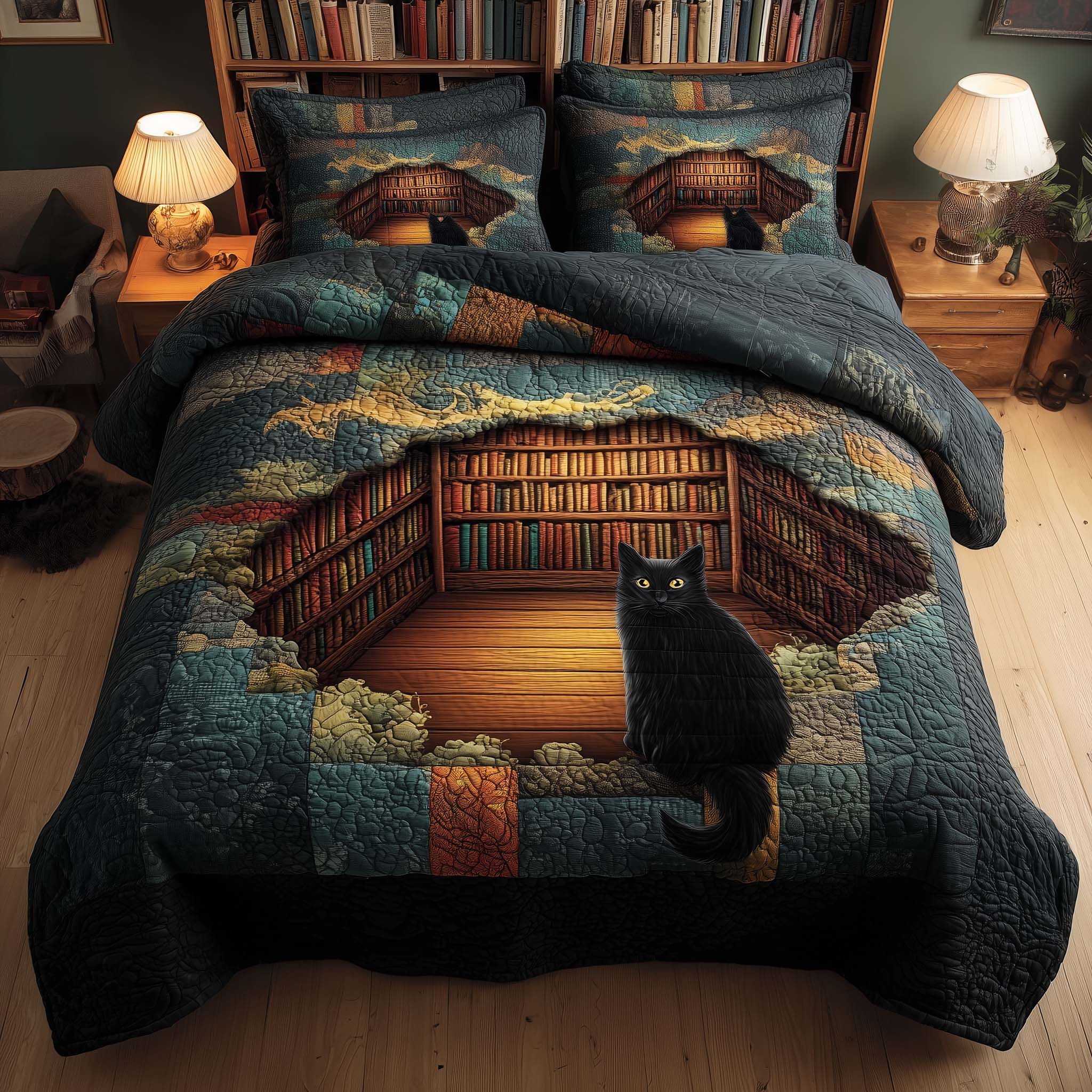 Whiskered Library Quilted Bedding Set Bedroom Decorations Best Book Lovers Gifts For Dad