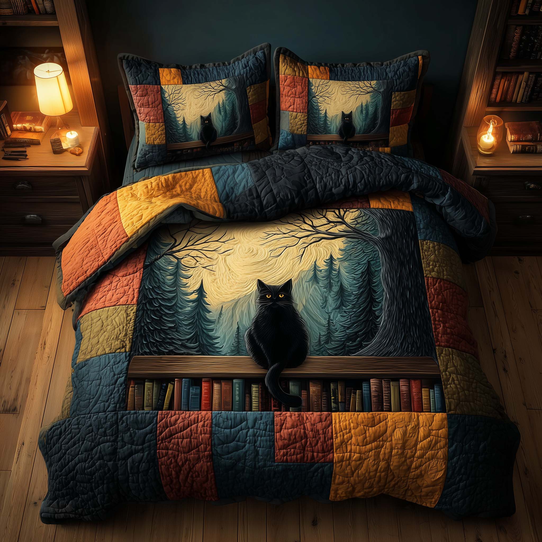 Whiskered Library Quilted Bedding Set Bedsheet Comforter Set Book Themed Gift Items