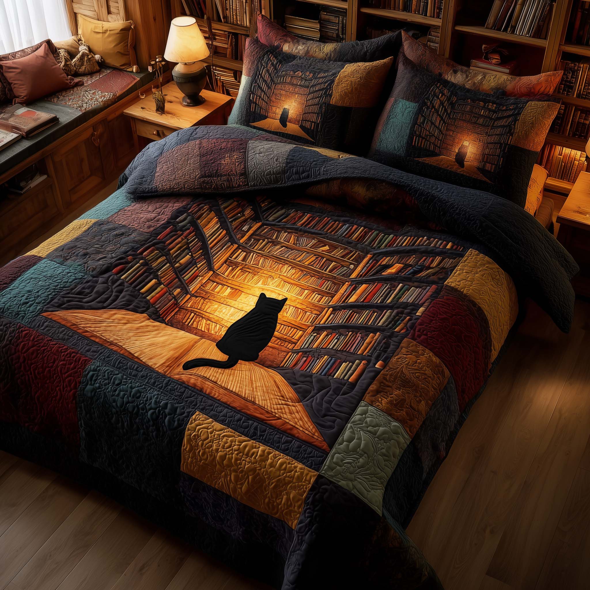 Whiskered Library Quilted Bedding Set Cover Bed Set Great Book Lover Gift Ideas