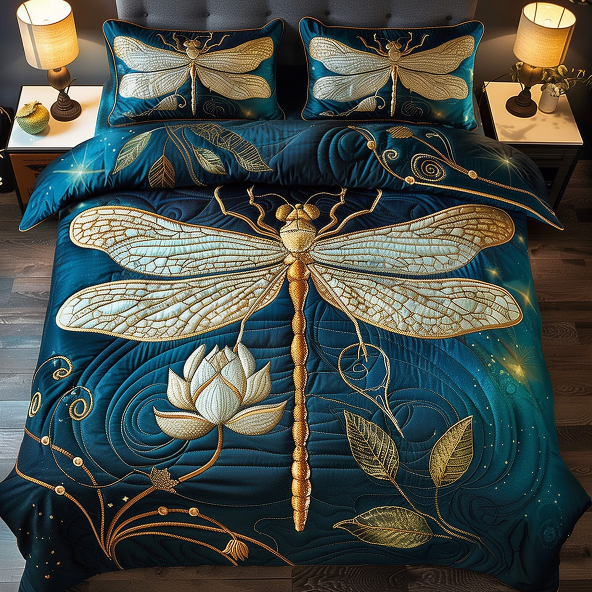 Whispering Dragonfly Duvet Quilted Bedding Set Golden Dragonfly Unique Bedding Gifts