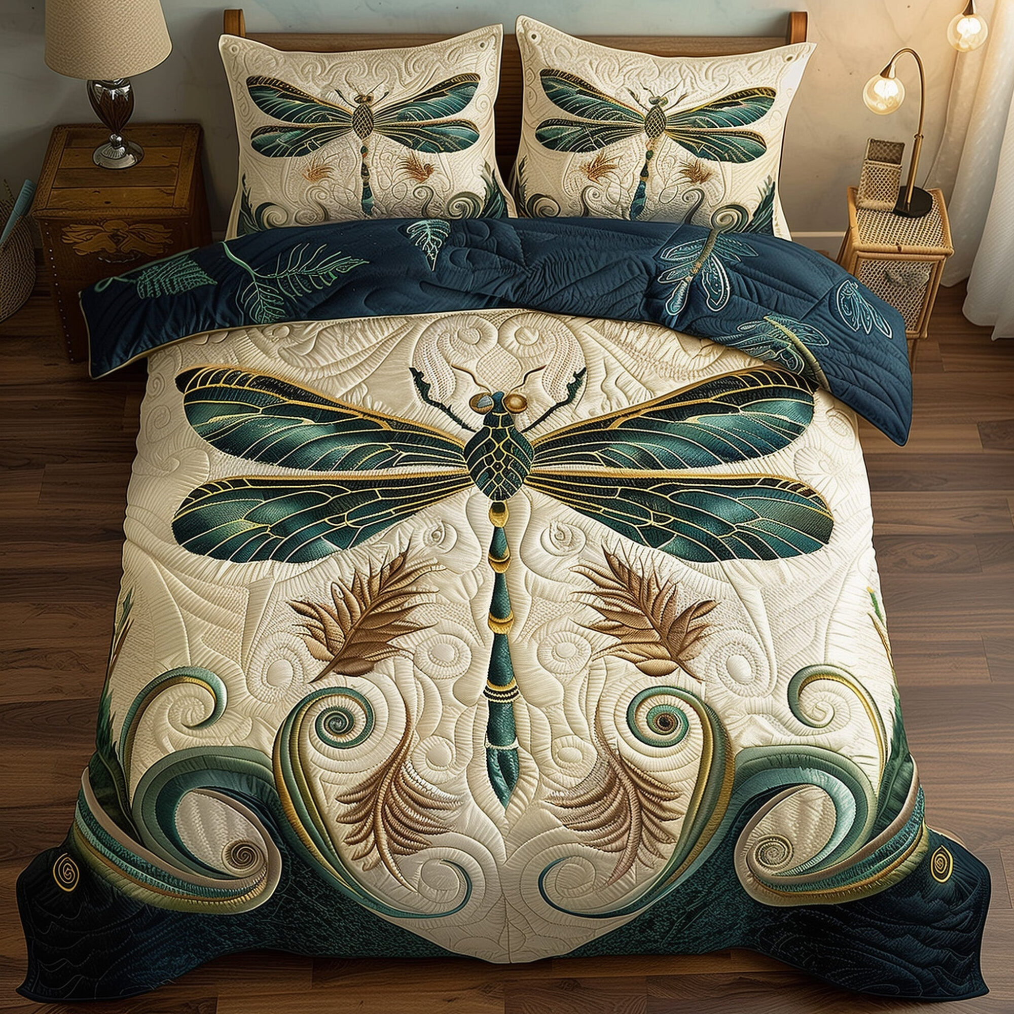Whispering Dragonfly Duvet Quilted Bedding Set Green Dragonfly Art Best Bedding Gift Ideas
