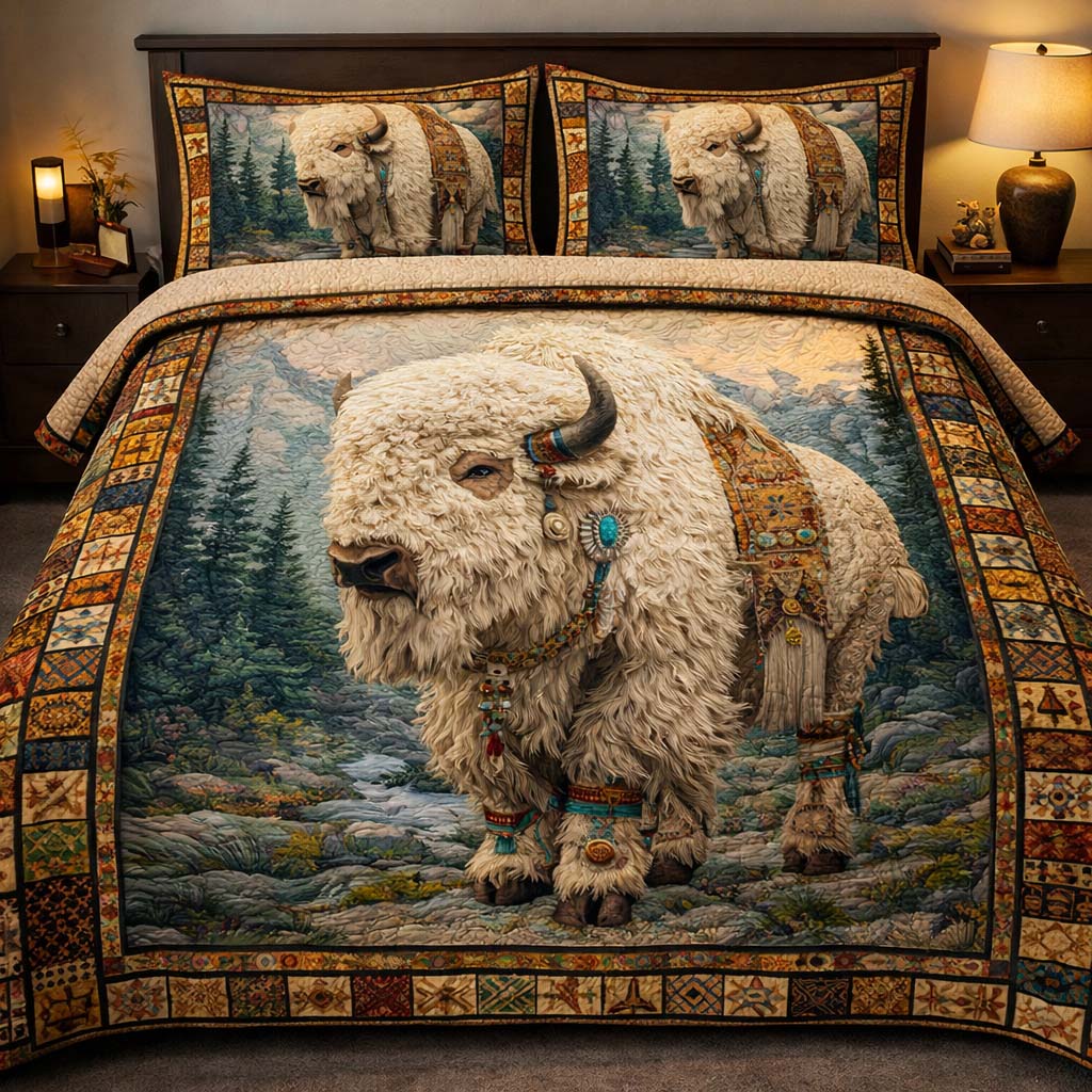 White Bison Legend Quilted Bedding Set Bed Bedding Set Native American Gifts For Him