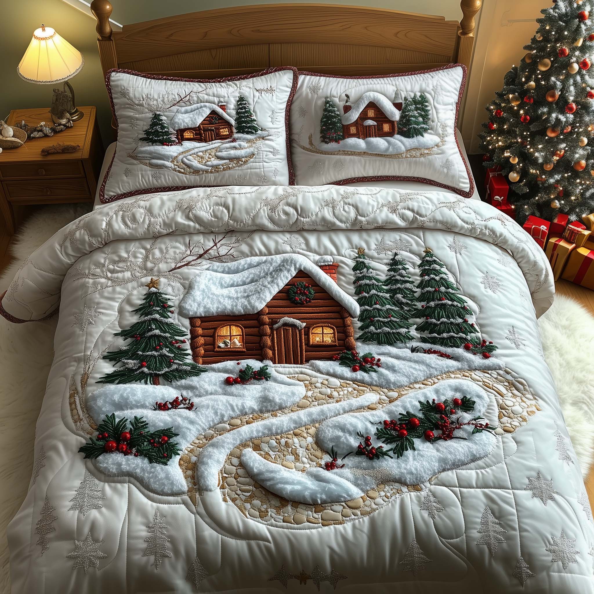 White Cabin Quilted Bedding Set Christmas Bedding Queen Christmas Gifts For Friends