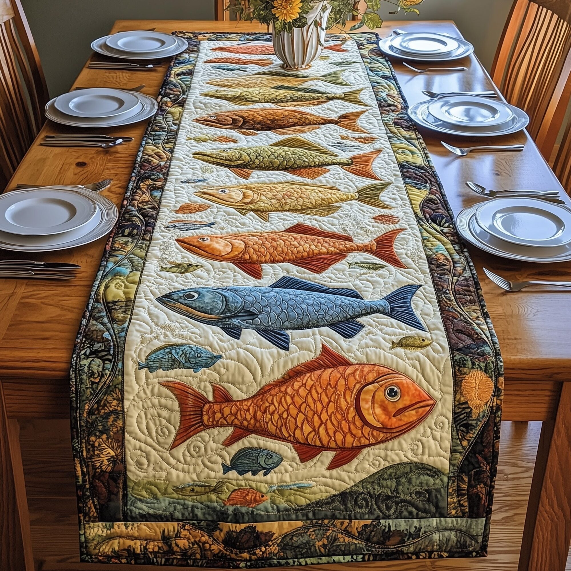 Wild Waters Tapestry Quilted Table Runner Unusual Table Runners Cool Fishing Gifts