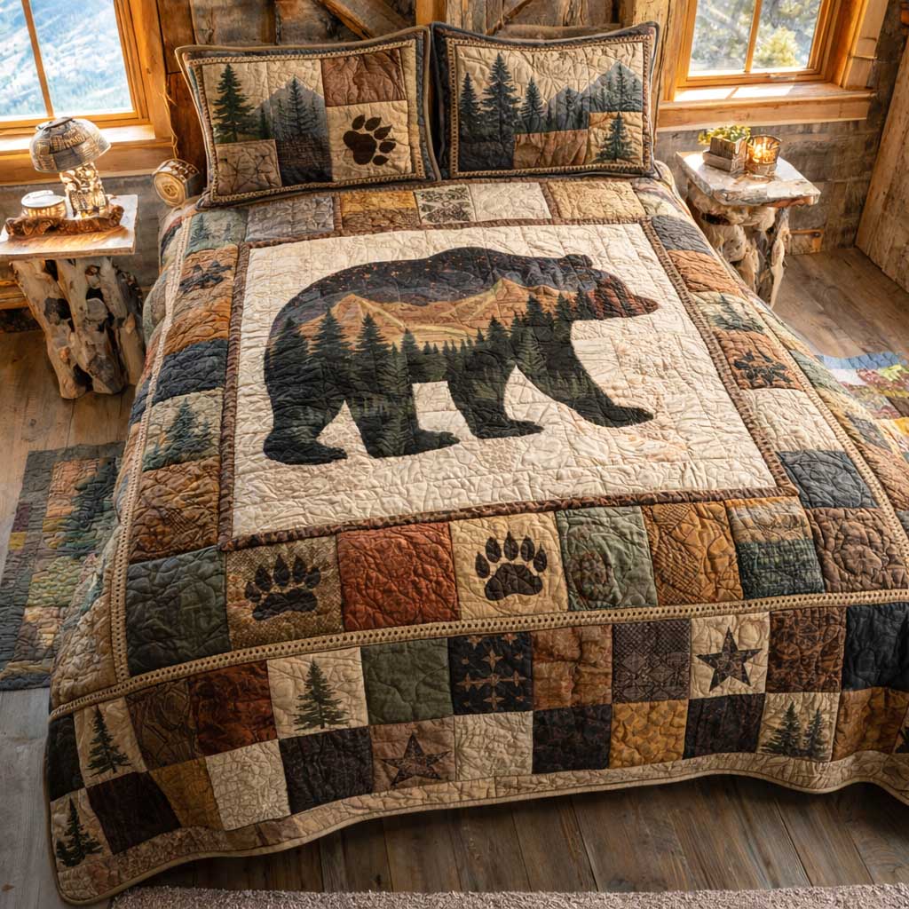 Wilderness Bear Quilted Bedding Set Bed Room Art Bear Gifts For Women