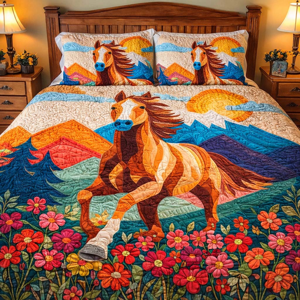 Wildflower Valley Horse Quilted Bedding Set Comforter Sets Christmas Gifts For Horse Owners