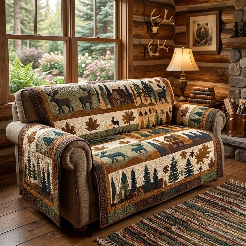 Wildlife Quilted Sofa Cover Cabin Aesthetic Rustic Wildlife Merch Gift For Families