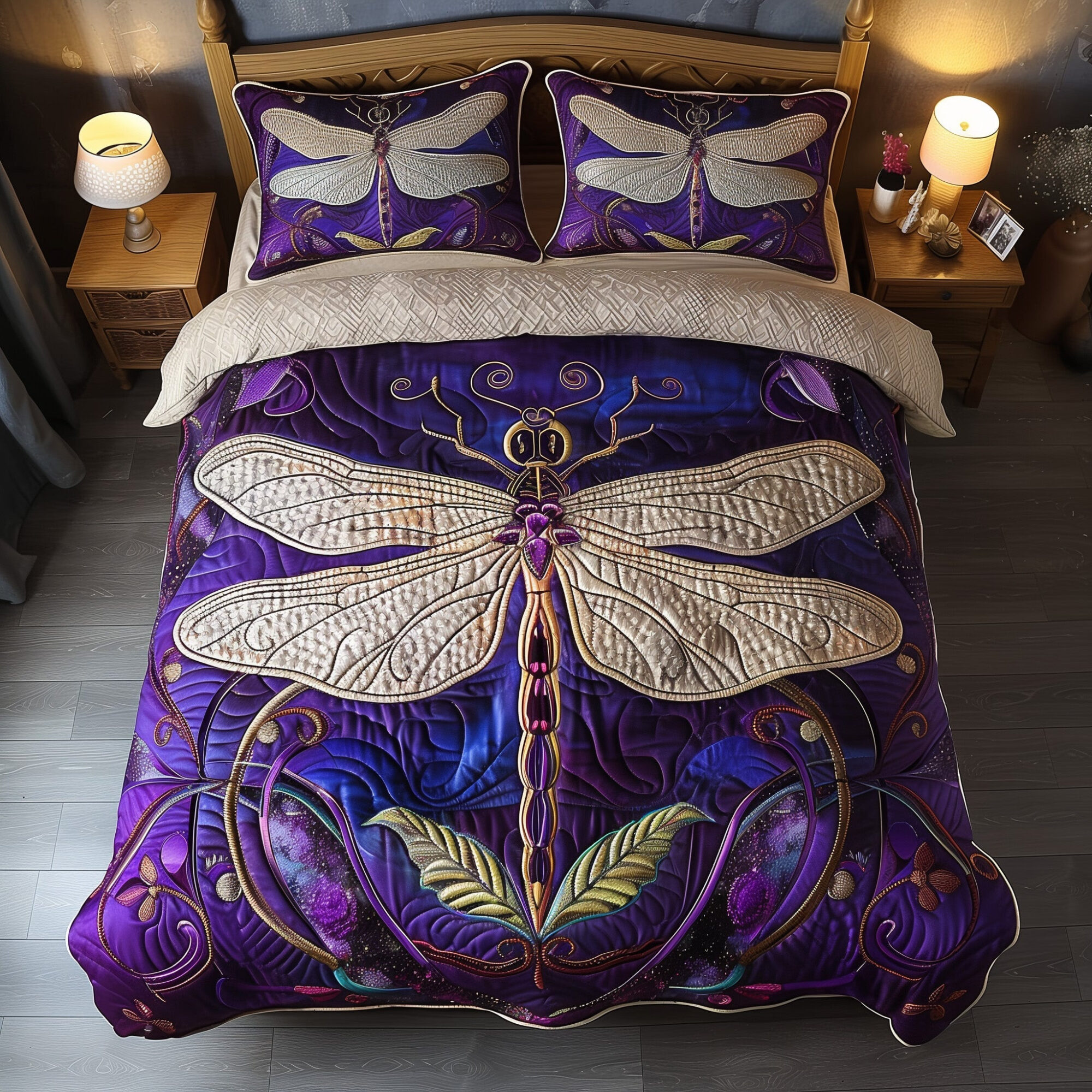 Wings Of Serenity Duvet Quilted Bedding Set Colorful Dragonfly Purple Bedding Gifts