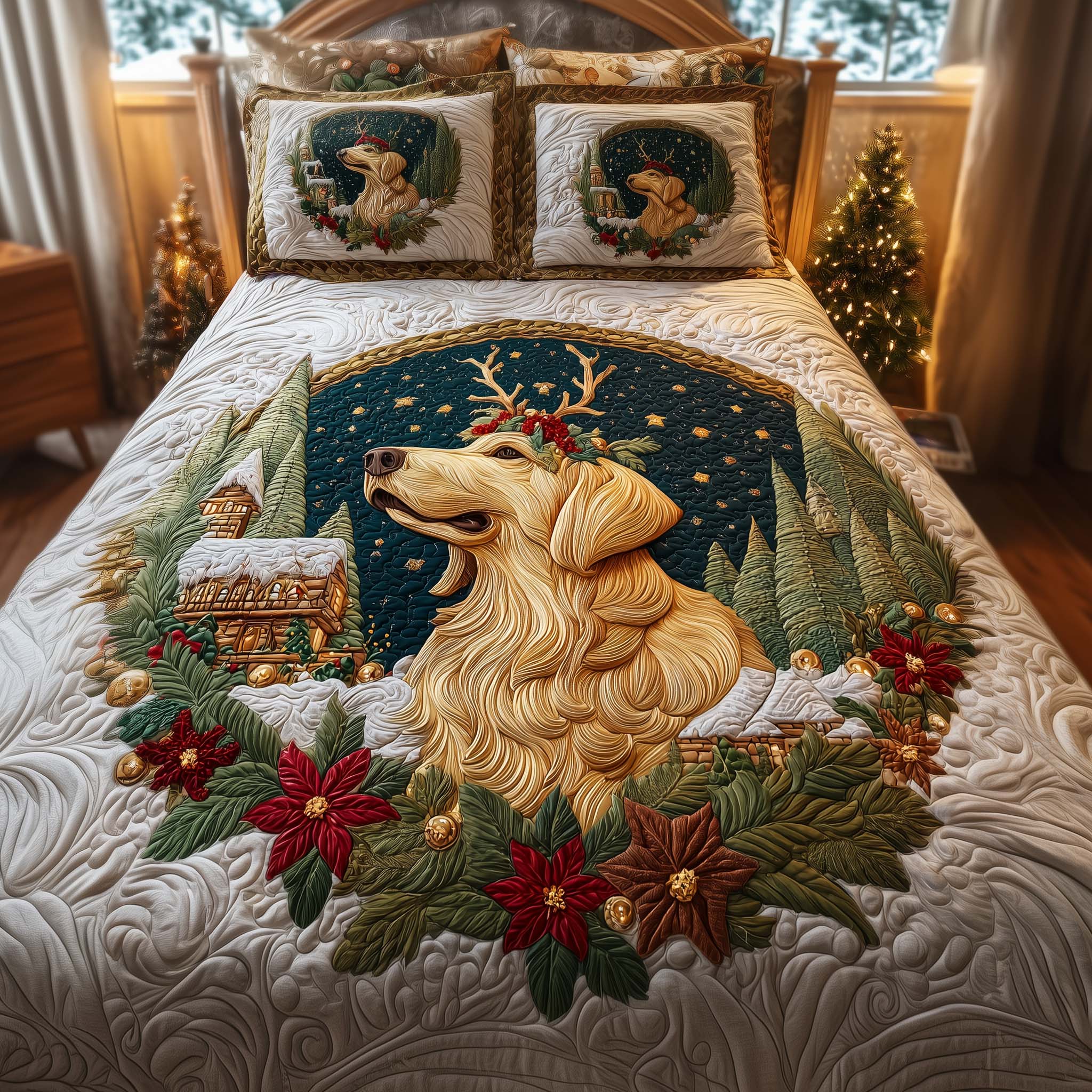 Winter Antlers Quilted Bedding Set Santa Duvet Cover Granny Xmas Gifts
