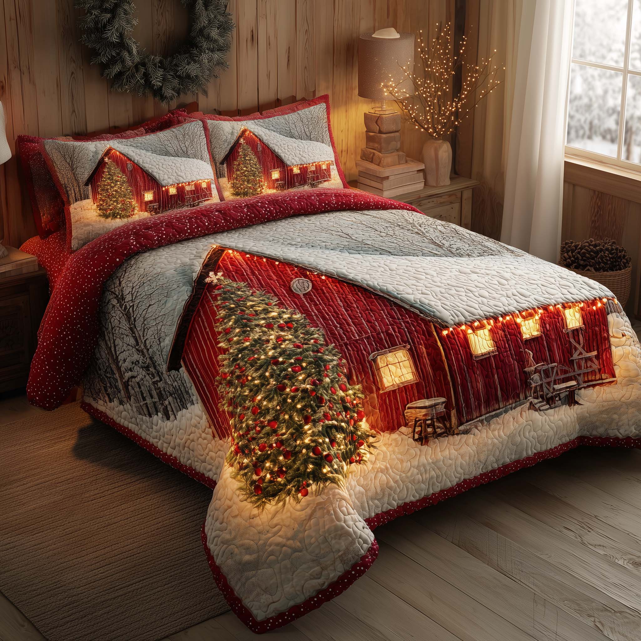 Winter Barn Quilted Bedding Set Christmas Bed Spread Family Xmas Gift Ideas