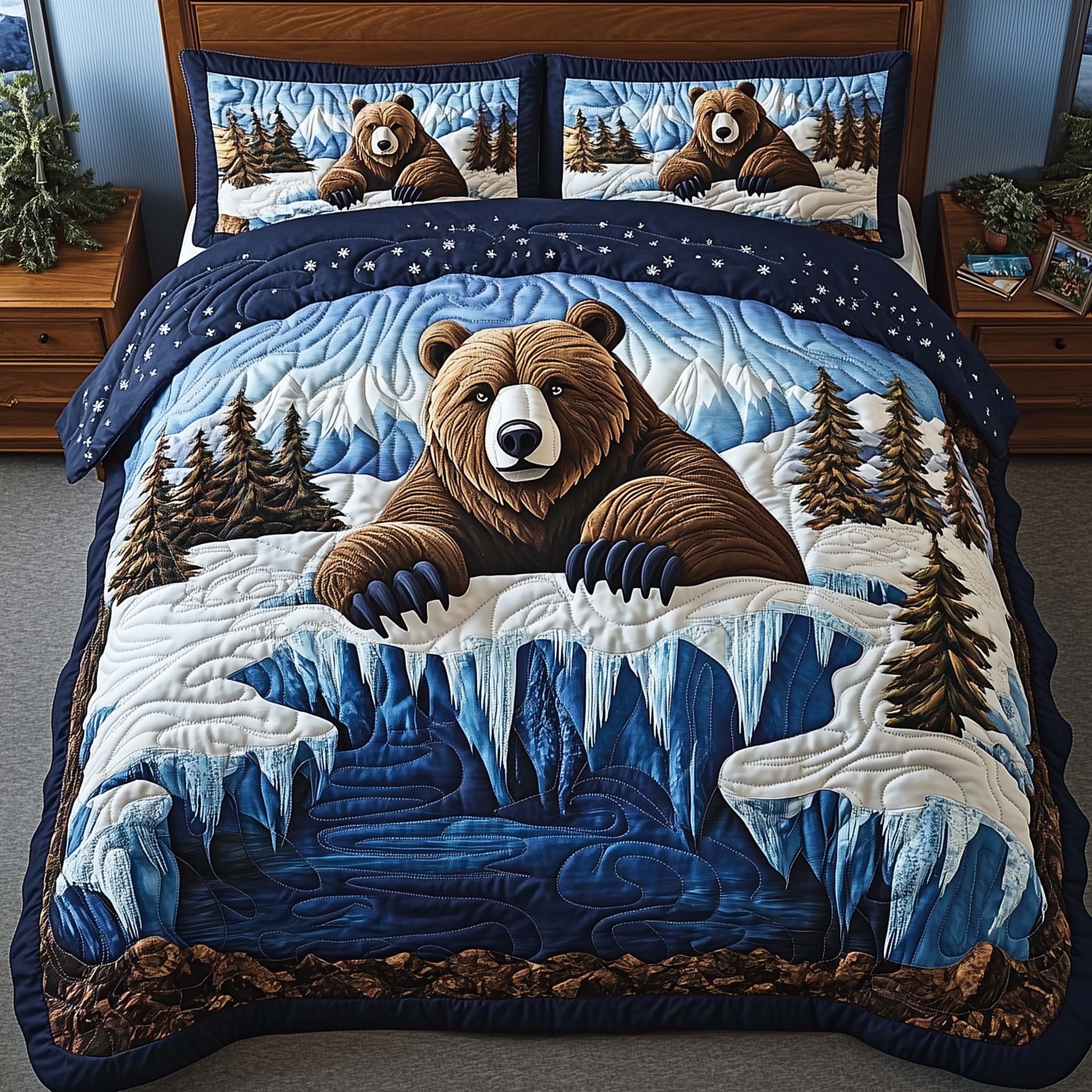 Winter Bear Quilted Bedding Set Best Fitted Sheets Cute Bear Themed Gifts