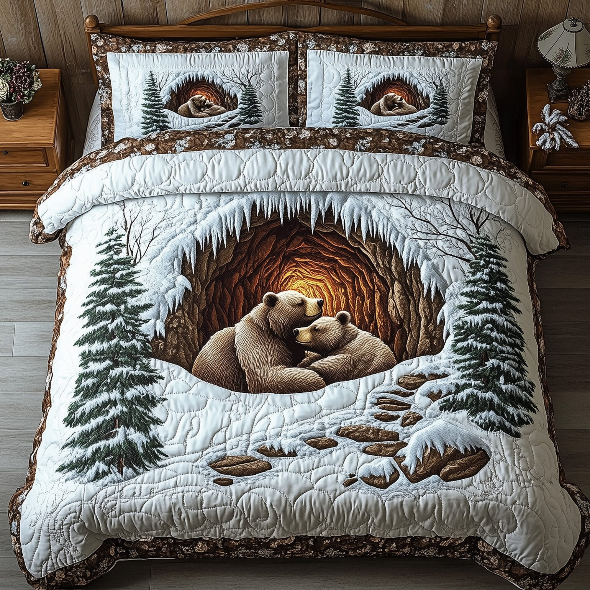 Winter Bear Sanctuary Quilted Bedding Set Cozy Bear Place Decor Best Wildlife Bedroom Gifts