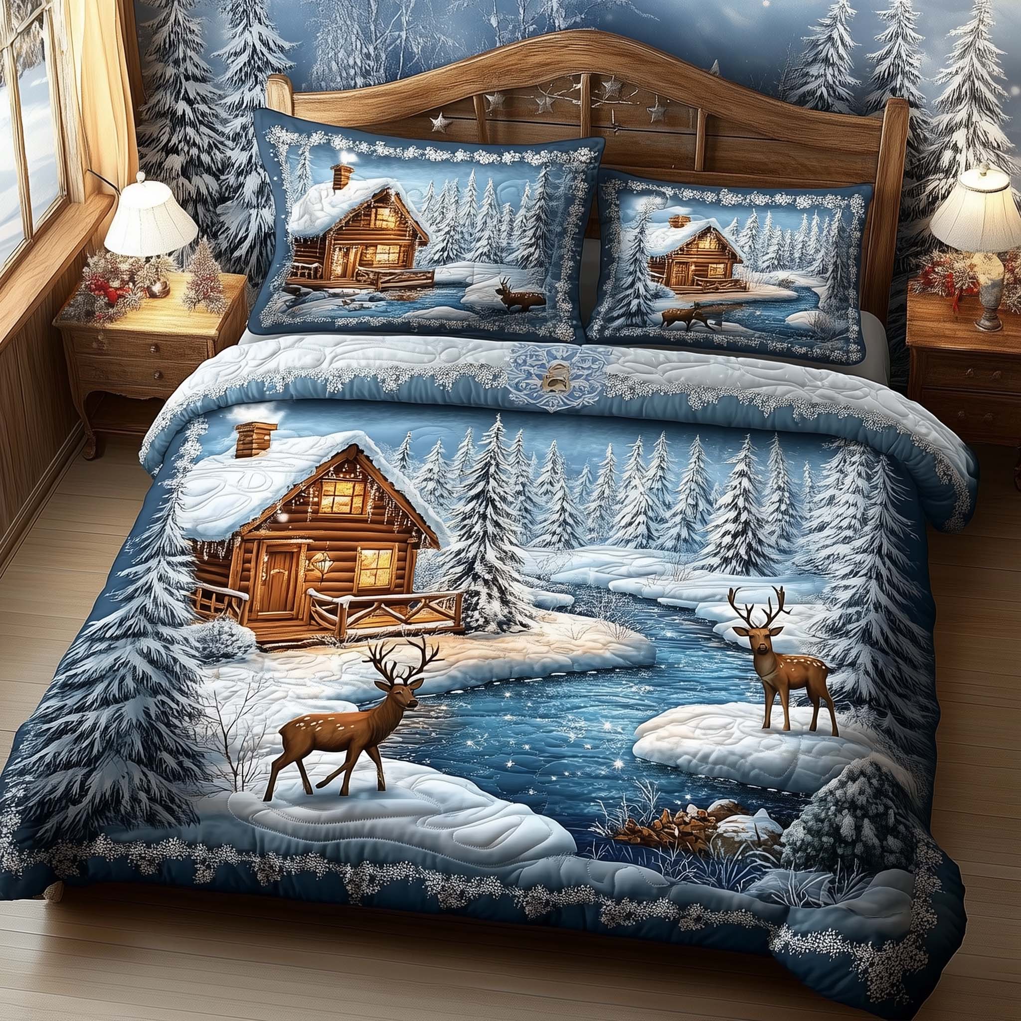 Winter Cabin Quilted Bedding Set Best King Bed Sheets Great Father's Day Gifts