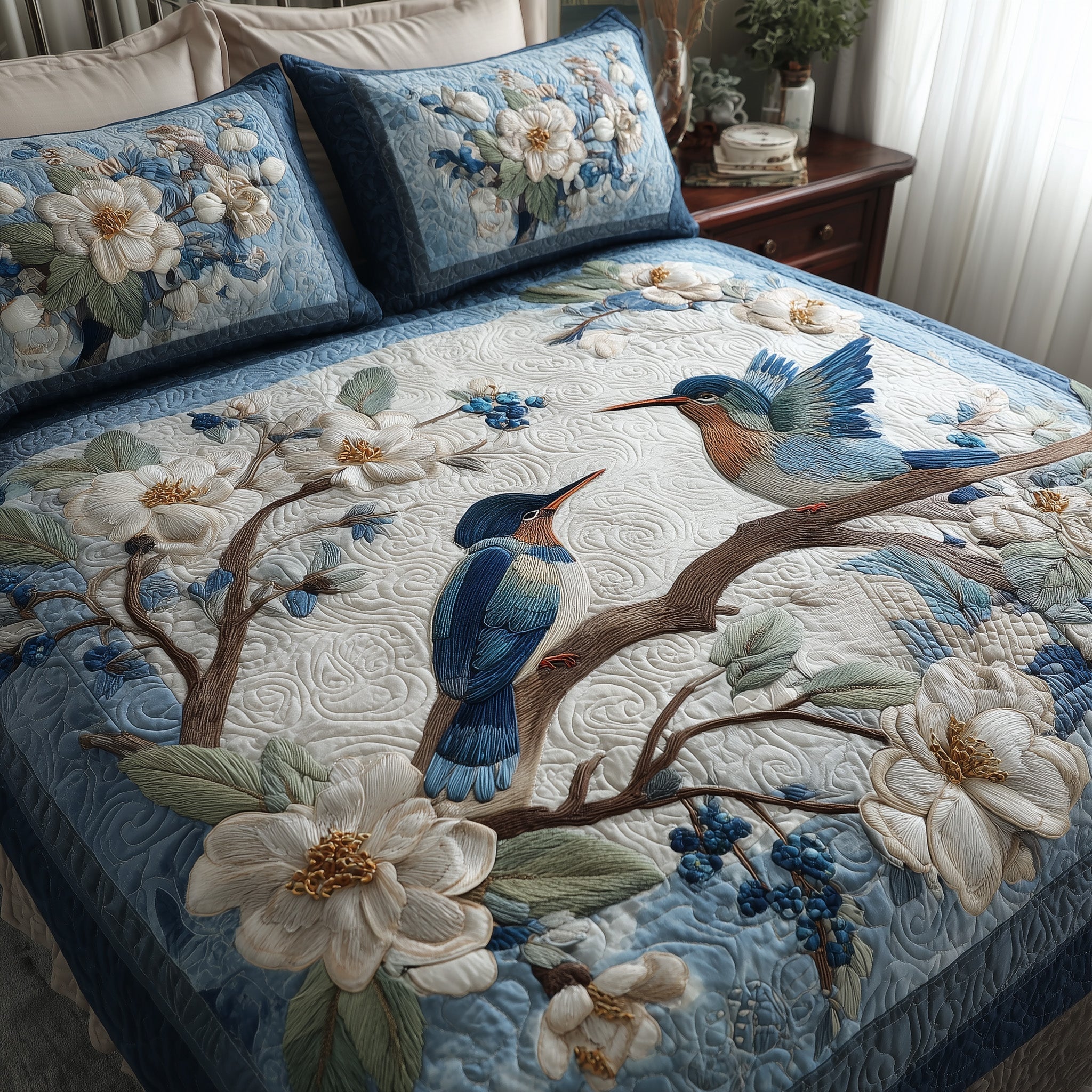 Winter Hummingbird Love Quilted Bedding Set Best Fitted Sheets Unique Hummingbird Gifts