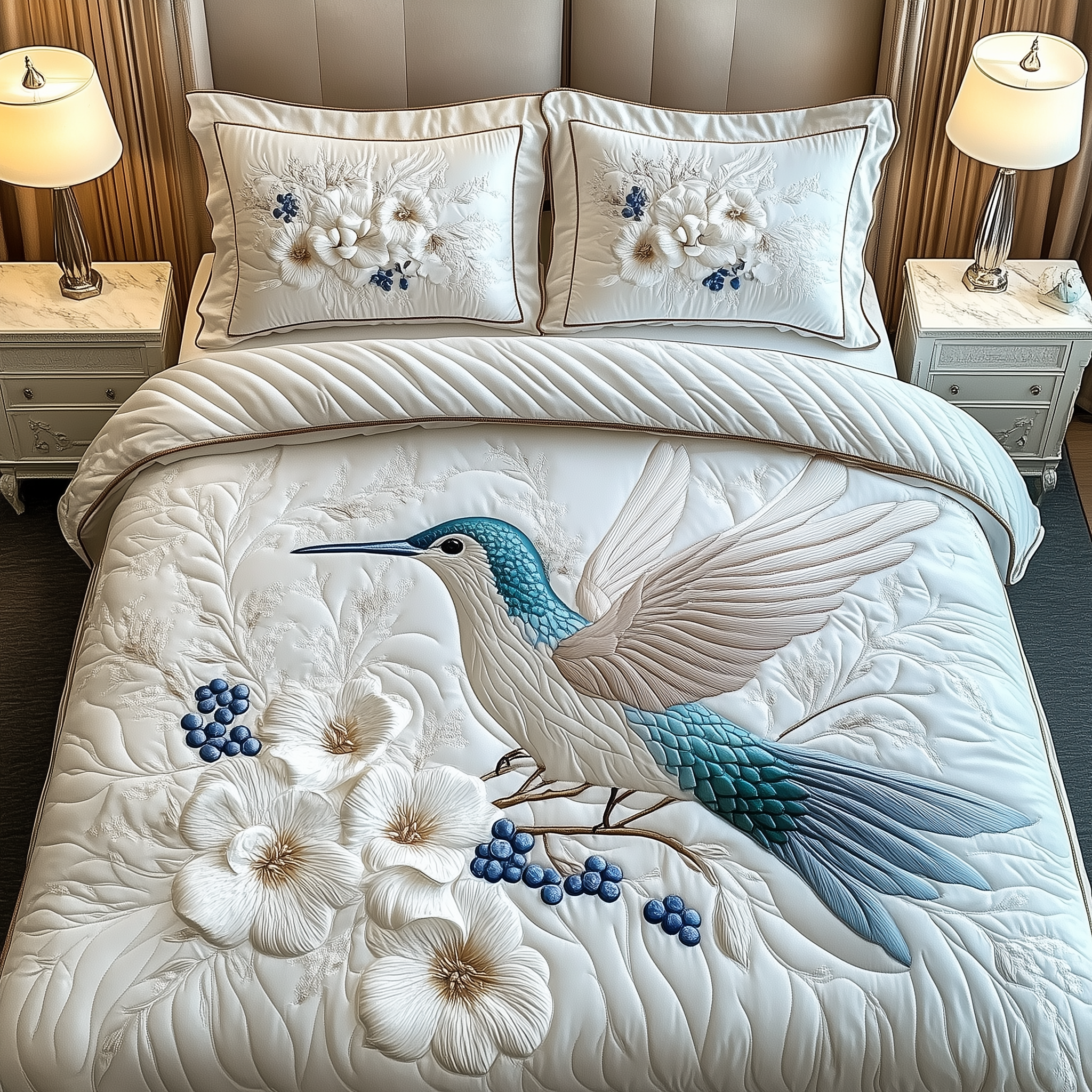 Winter Hummingbird Quilted Bedding Set Holiday Bedroom Decor Unique Gifts For Hummingbird Lovers
