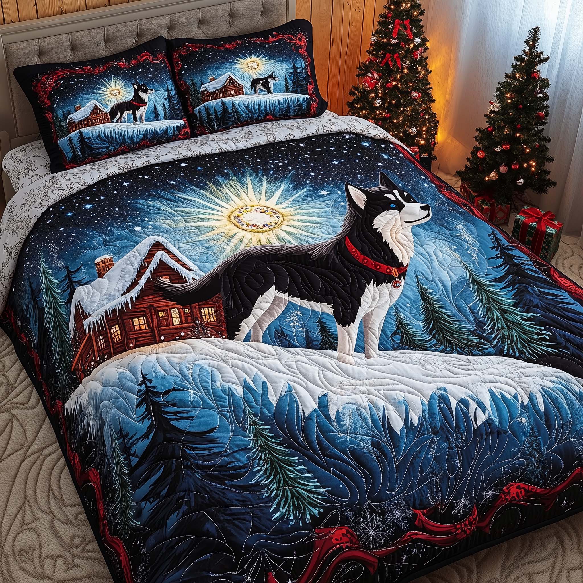 Winter Husky Quilted Bedding Set Christmas Bed Decor Xmas Gifts For Mother In Law