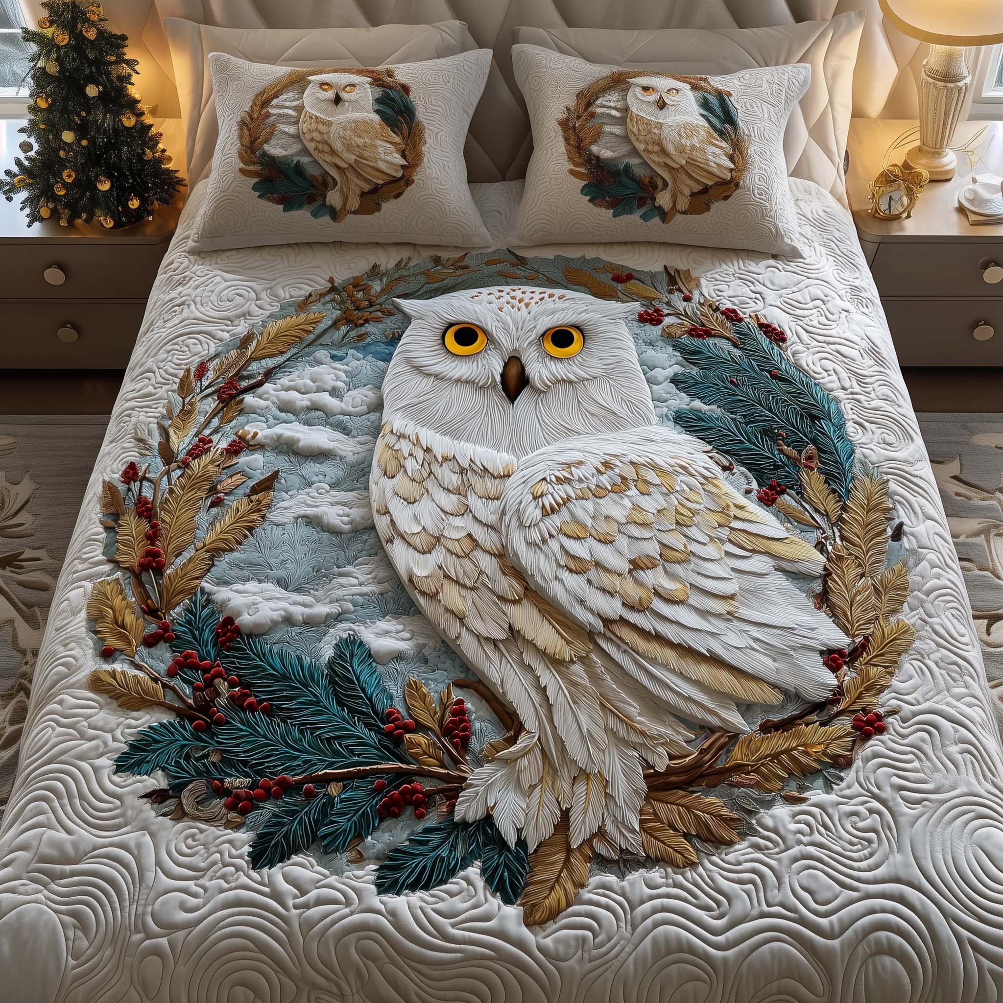 Winter Owl Quilted Bedding Set Cozy Christmas Bedroom Ideas Unique Gifts For Owl Lovers