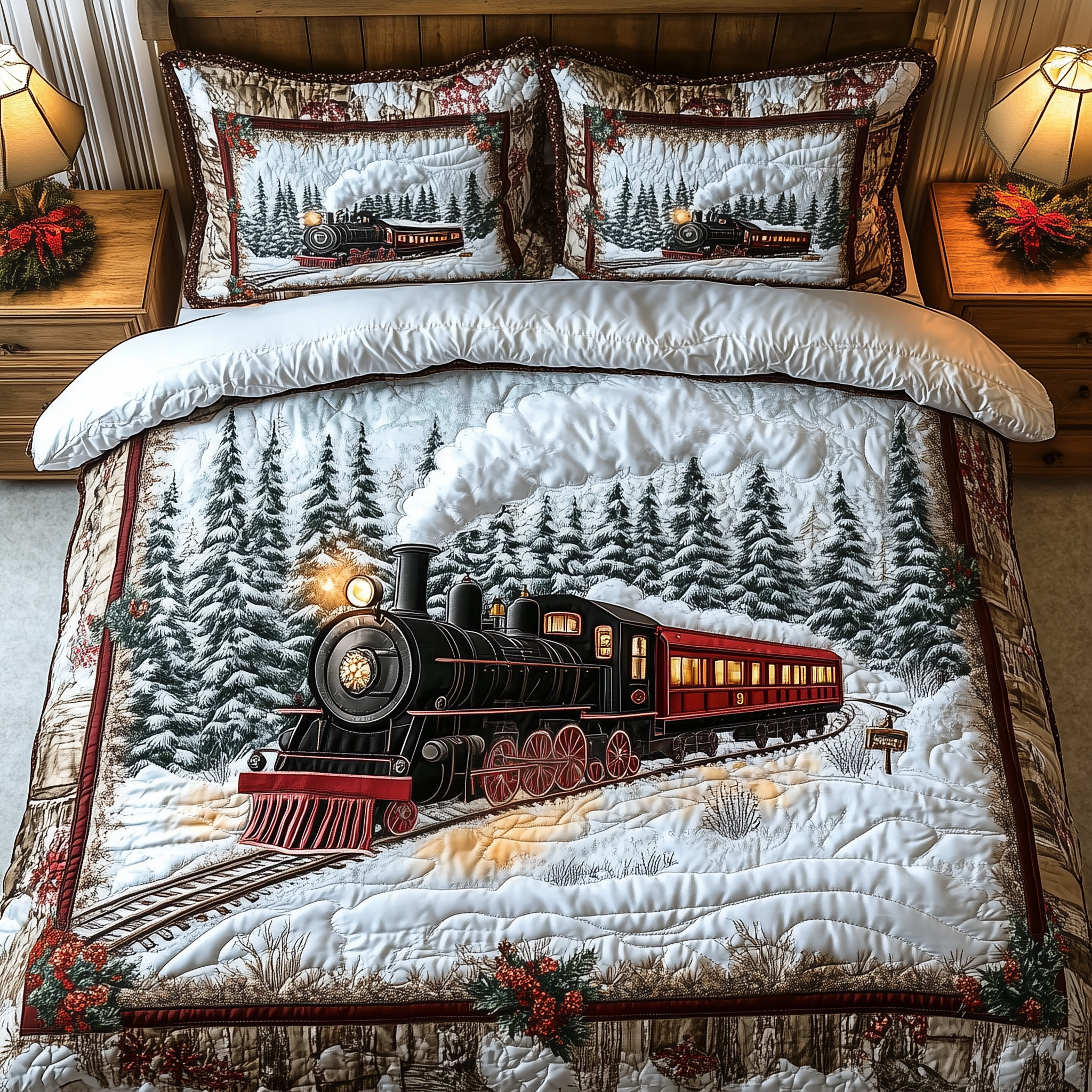Winter Train Quilted Bedding Set Bed Christmas Decor Gifts For Train Enthusiasts