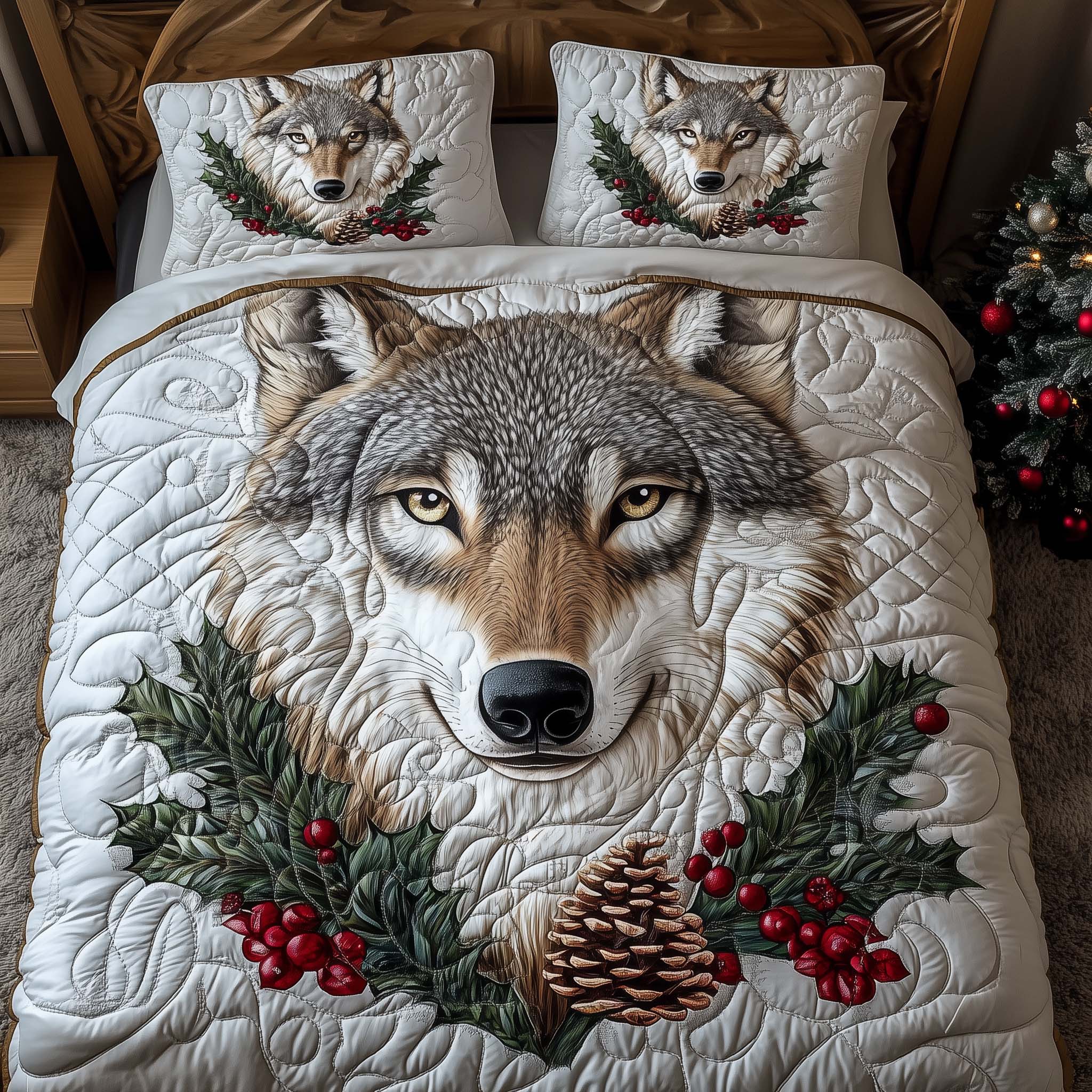 Winter Wolf Quilted Bedding Set Holiday Bedding Sets Wolf Gifts For Women