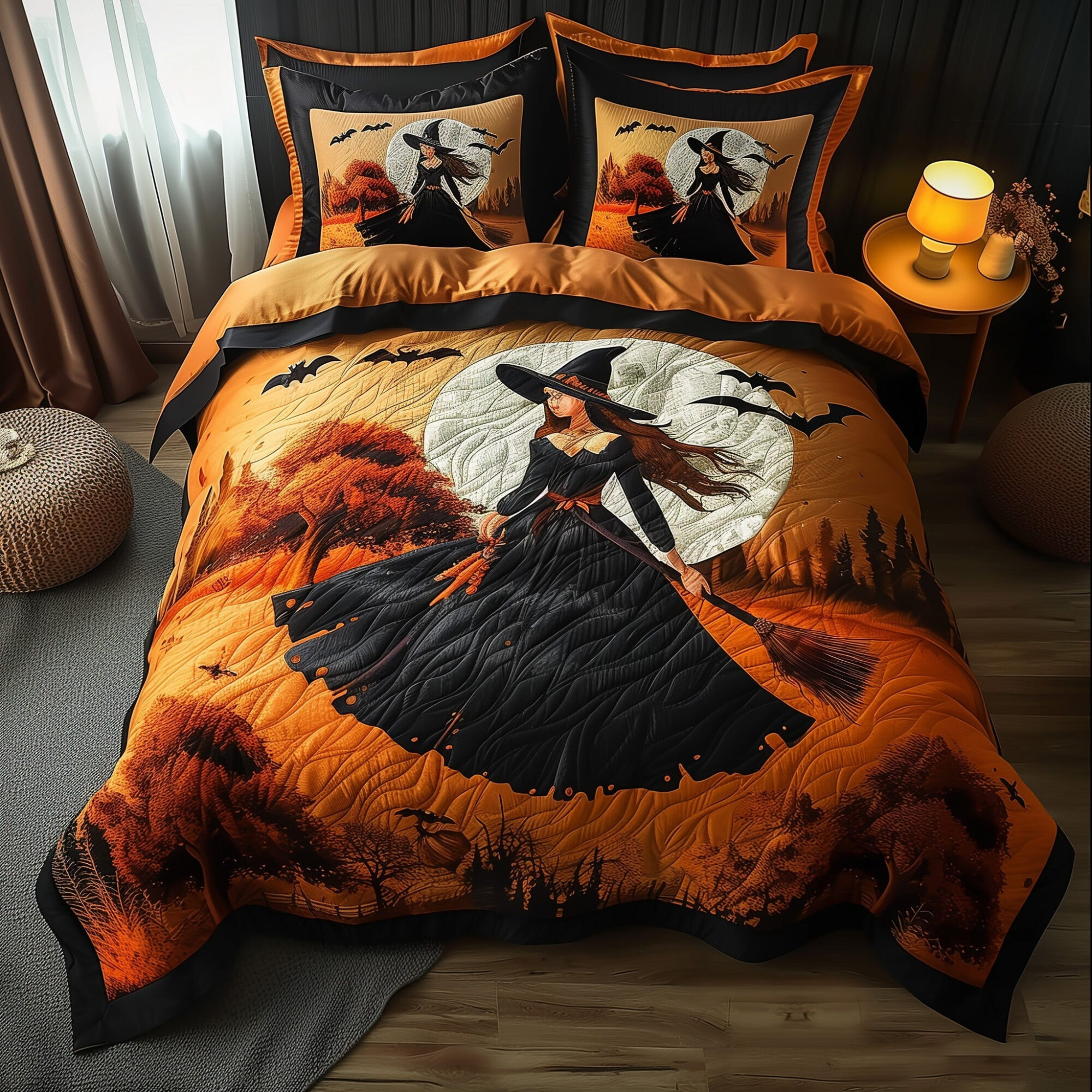 Witches Quilted Bedding Set Enchanted Witch Under Moonlit Best Halloween Bedding Presents