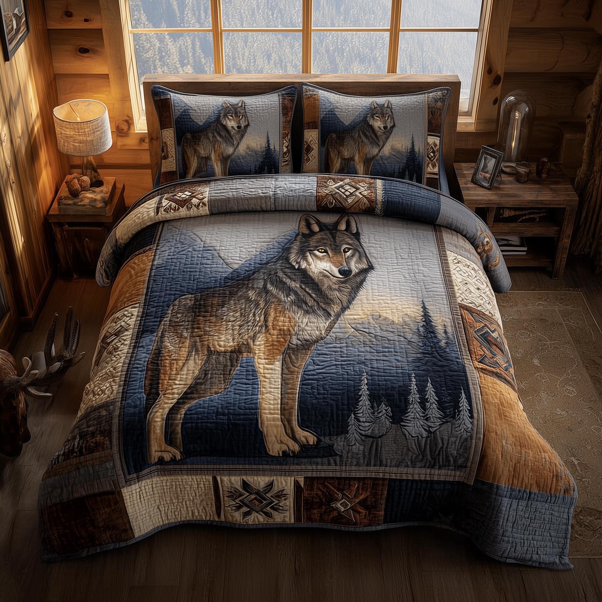 Wolf Quilted Bedding Set Boho Bedroom Decor Themed Wolf Gifts For Her