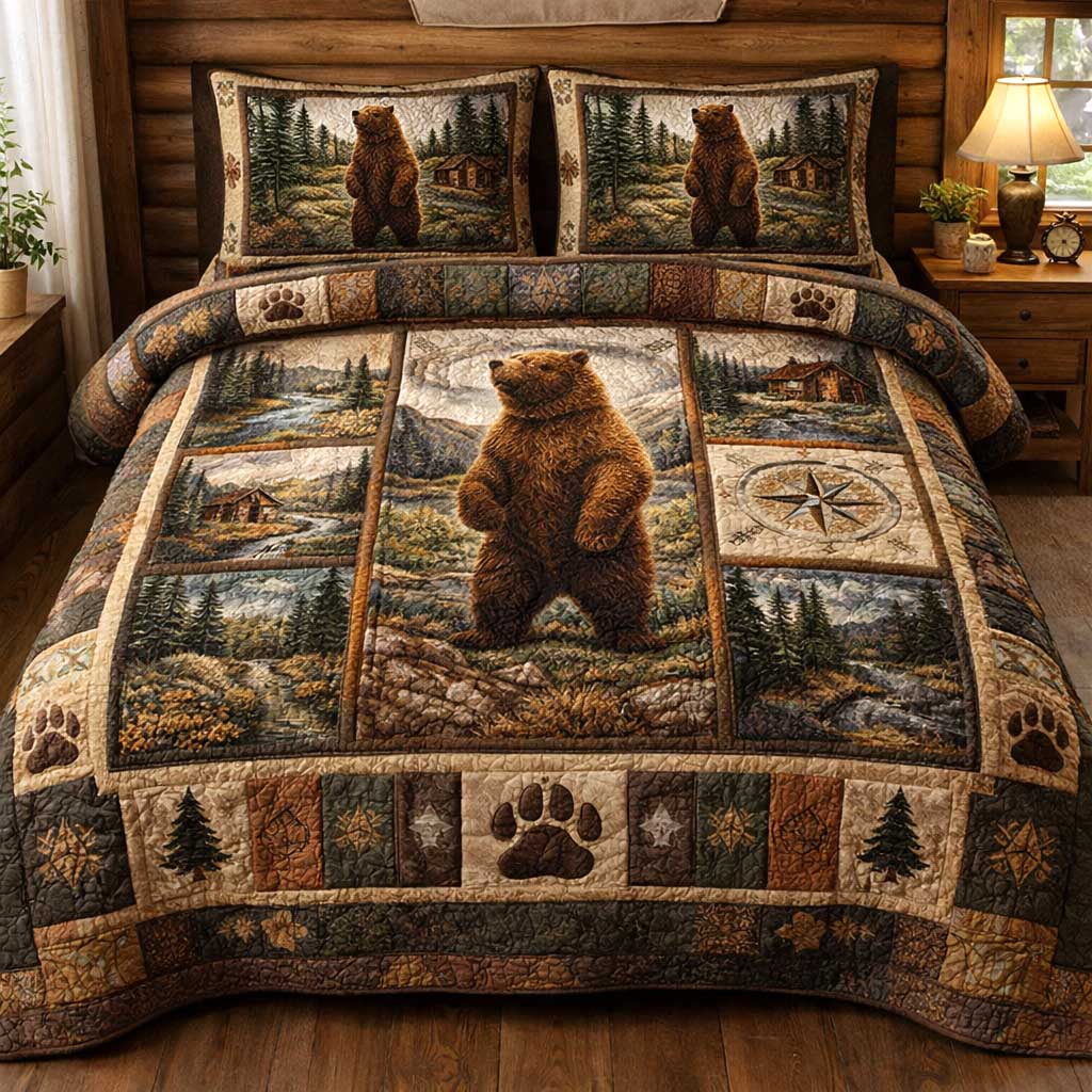 Woodland Bear Quilted Bedding Set Over The Bed Decor Bear Mother's Day Gifts