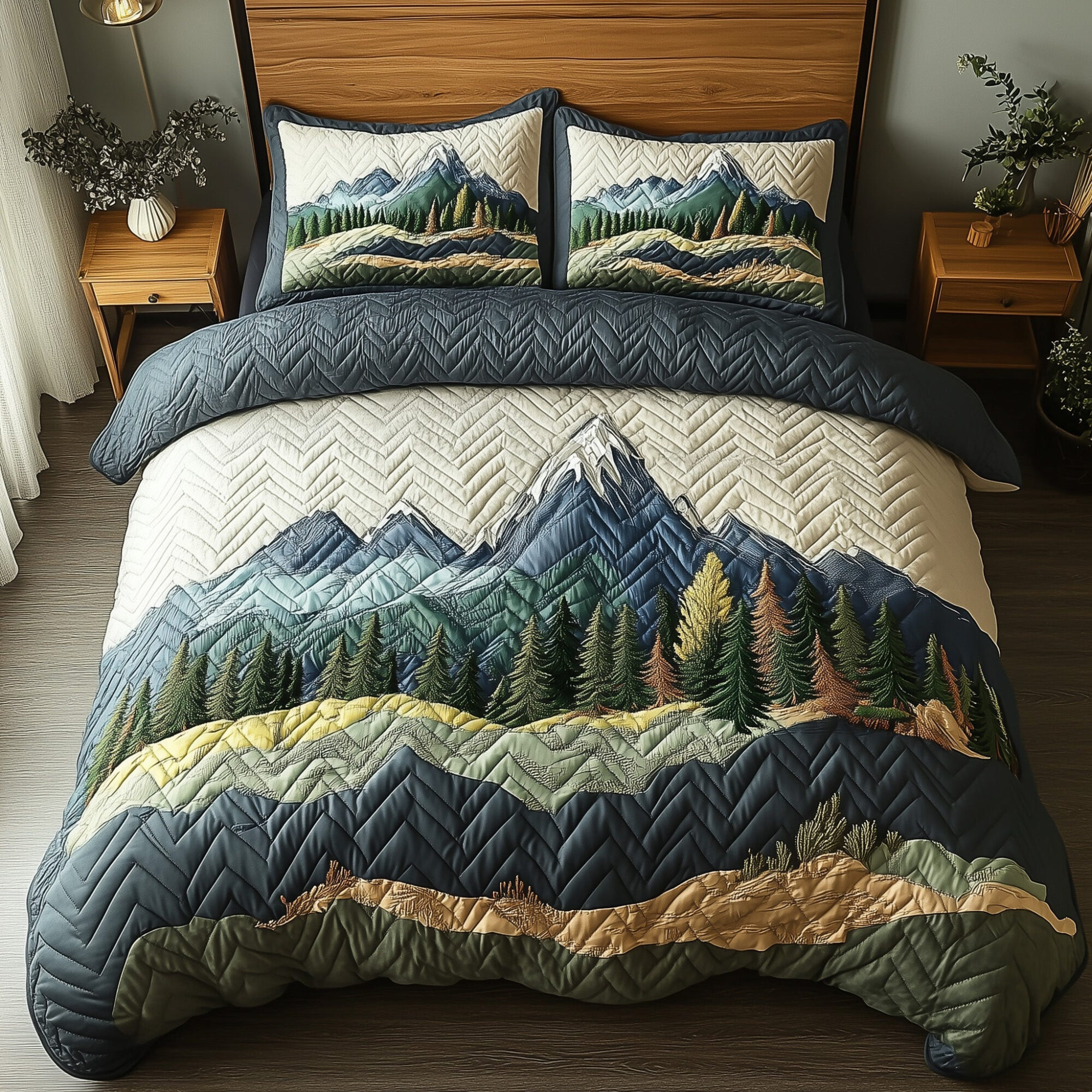 Woodland Retreat Quilted Bedding Set Frosted Woodland Landscape Theme Nature Gift Ideas