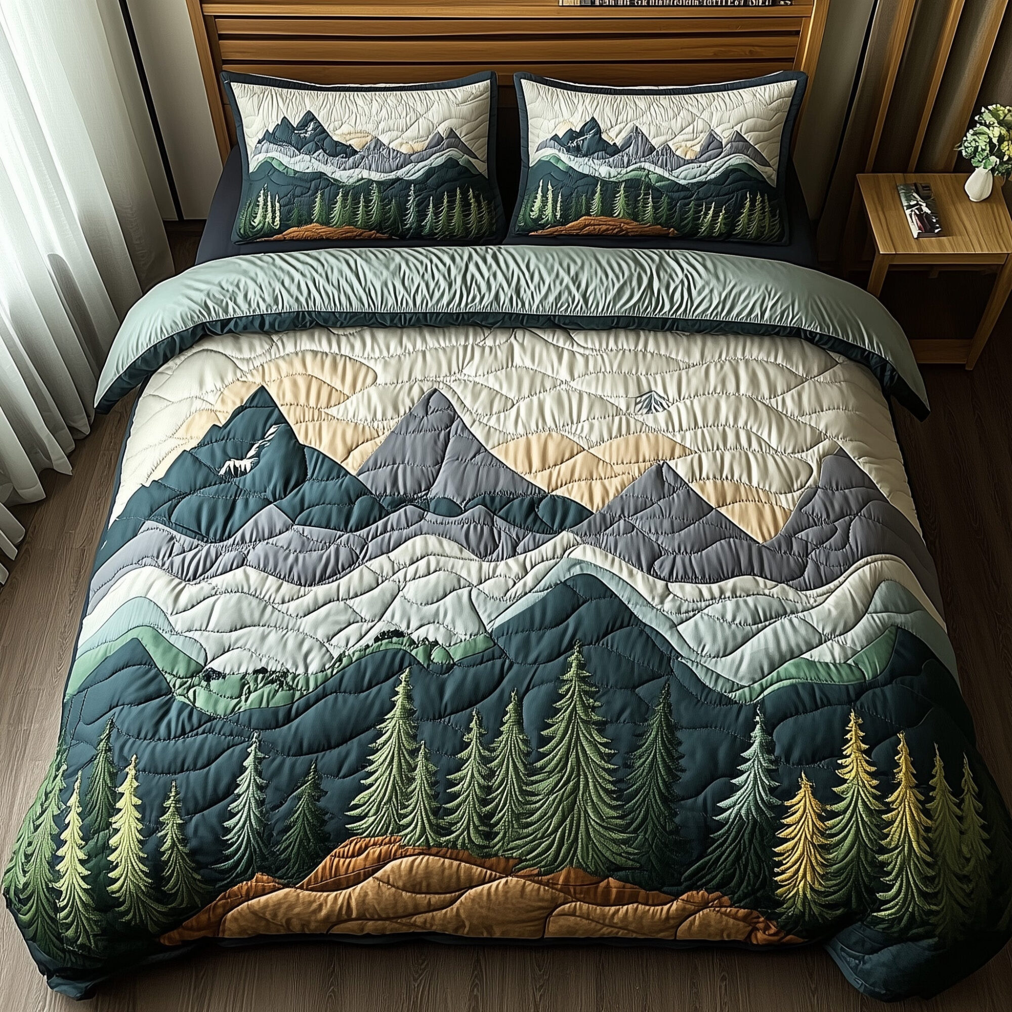Woodland Retreat Quilted Bedding Set Frosted Woodland Landscape Theme Nature Gifts