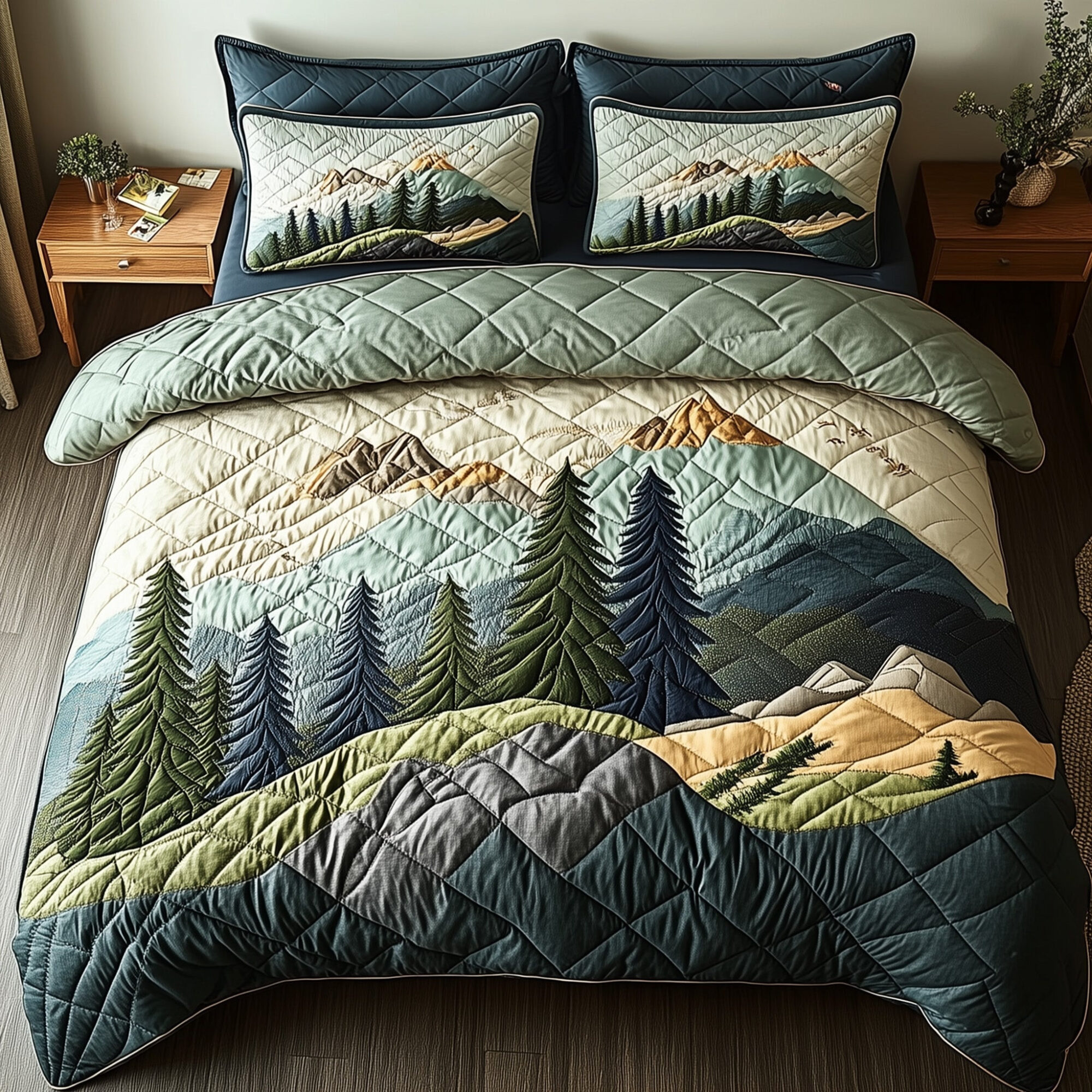 Woodland Retreat Quilted Bedding Set Majestic Pine Forest Illustration Winter Nature Presents