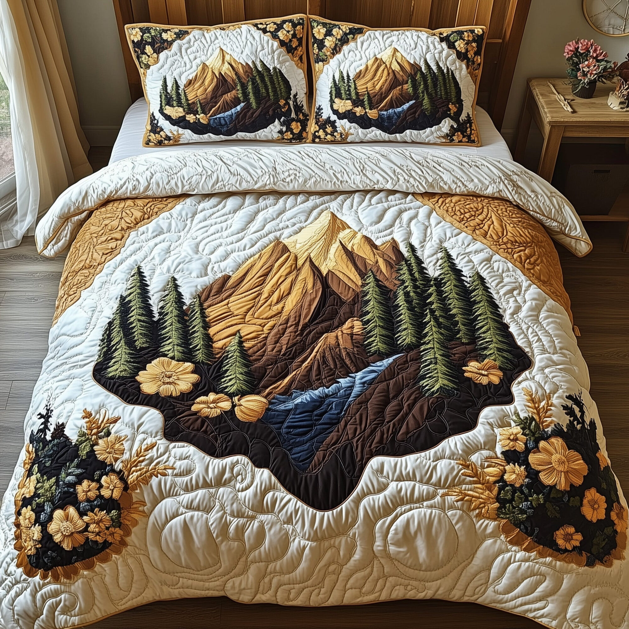 Woodland Retreat Quilted Bedding Set Majestic Woodland Scene Best Nature Illustration Gifts