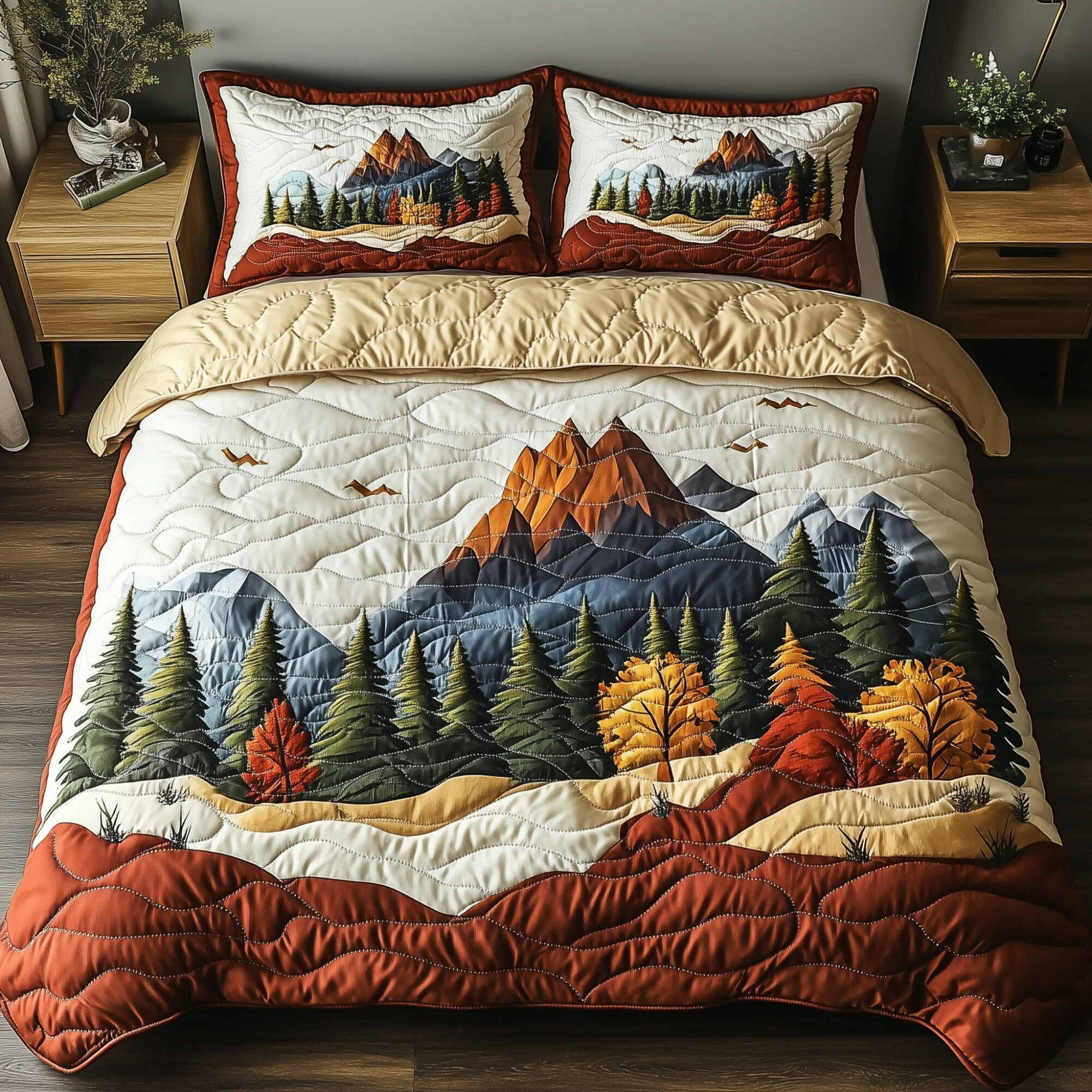 Woodland Retreat Quilted Bedding Set Mountain Forest Vibes Nature Scenery Presents