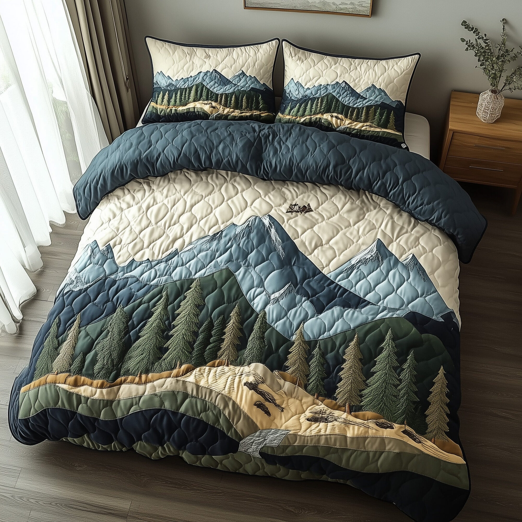 Woodland Retreat Quilted Bedding Set Peaceful Pinecone Forest Scene Nature Gift Ideas